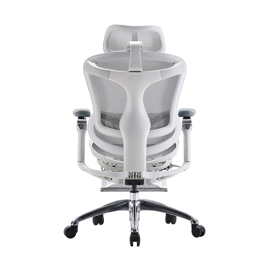 Rear view of white sihoo doro c300 ergonomic chair in australia featuring a footrest on a white background.