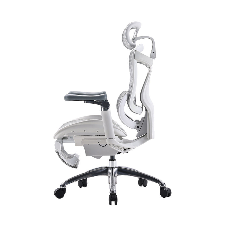 Product view of white sihoo doro c300 ergonomic chair in australia with footrest from a left side angle.