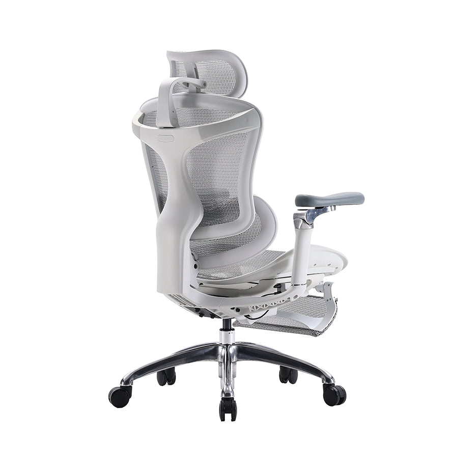 Semi back right side angle of white sihoo doro c300 ergonomic chair in australia with footrest on a clean white background.