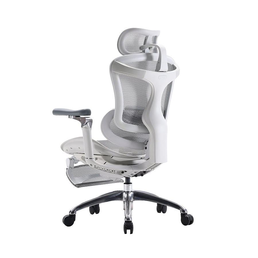 White sihoo doro c300 ergonomic chair in australia with footrest displayed from a semi back left angle on white.