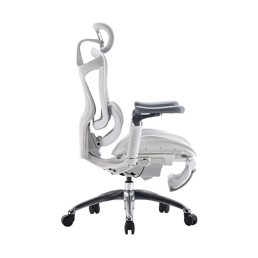 Product view showing the right side of white sihoo doro c300 ergonomic chair in australia with footrest on a white background.