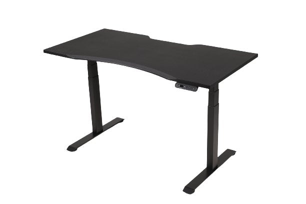 Black electric standing desk in Australia with carbon fibre top and adjustable height frame designed for ergonomic work and productivity