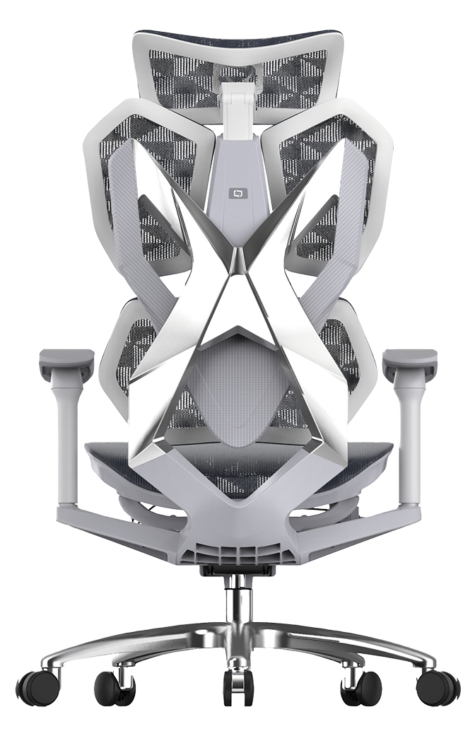 Back view of XALLKING X5Pro ergonomic gaming chair with white frame and gray mesh on a white background for ultimate comfort and support.