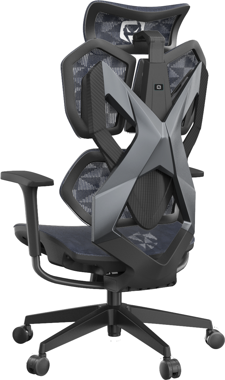 Semi back-left view of black XALLKING X5C ergonomic gaming chair highlighting ergonomic support and sleek design.