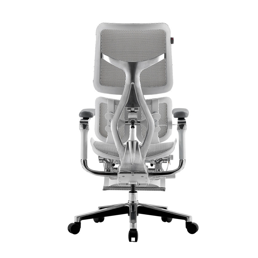 Back angle of white Sihoo Doro S300 ergonomic chair in Australia with footrest on white background for comfortable office seating