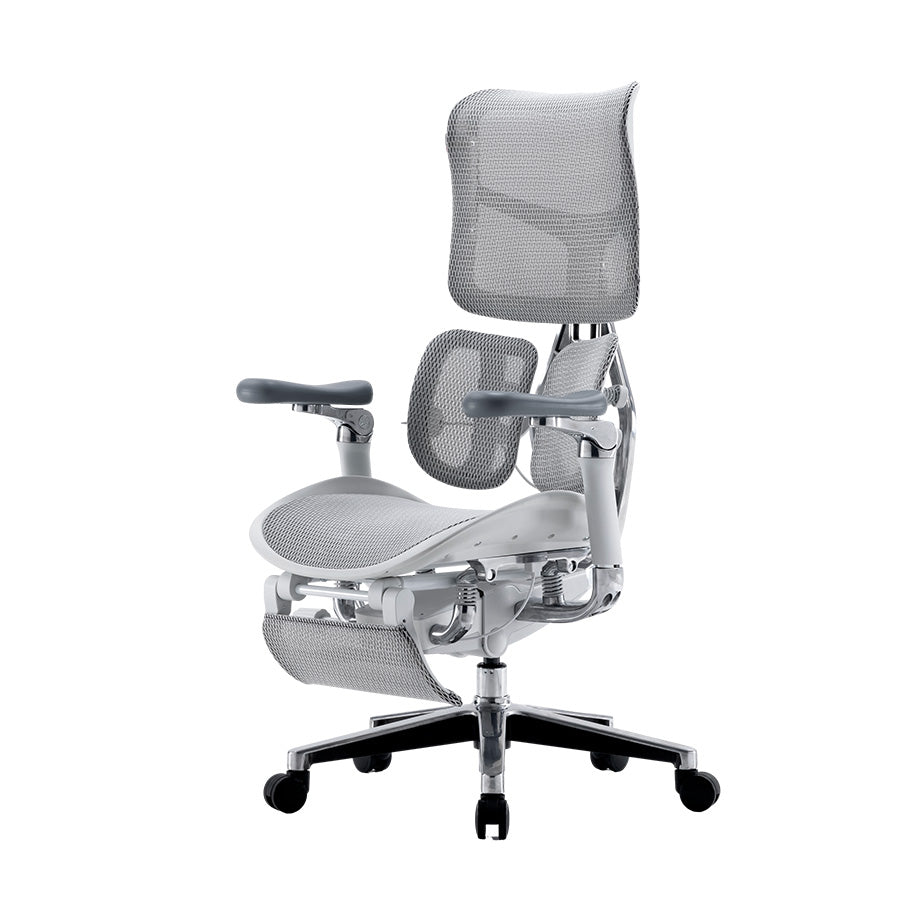 Front left angle of white Sihoo Doro S300 ergonomic chair in Australia with footrest on white background for premium office comfort