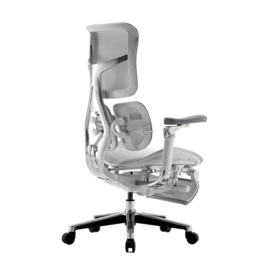 Back right angle of white Sihoo Doro S300 ergonomic chair in Australia with footrest on white background for comfortable office seating