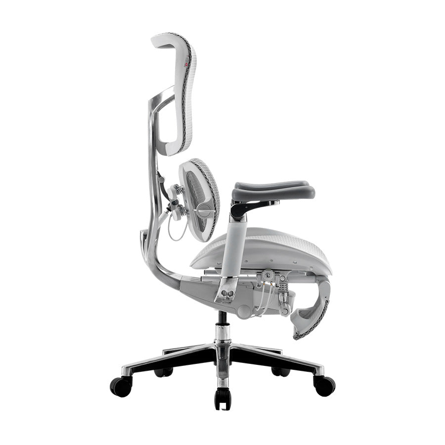 Right angle of white Sihoo Doro S300 ergonomic chair in Australia with footrest on white background for premium office comfort