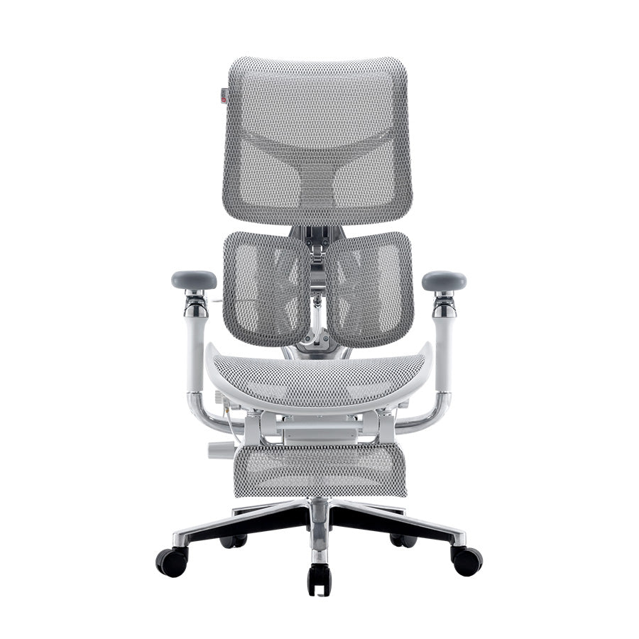 Front angle of white Sihoo Doro S300 ergonomic chair in Australia with footrest on white background for premium office seating