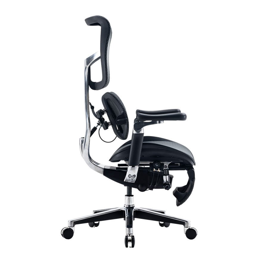 Black Sihoo Doro S300 ergonomic chair in Australia with footrest shown from right angle on white background