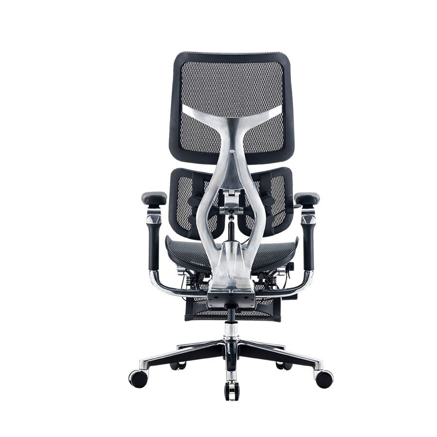 Back angle of black Sihoo Doro S300 ergonomic chair in Australia with extendable footrest on white background
