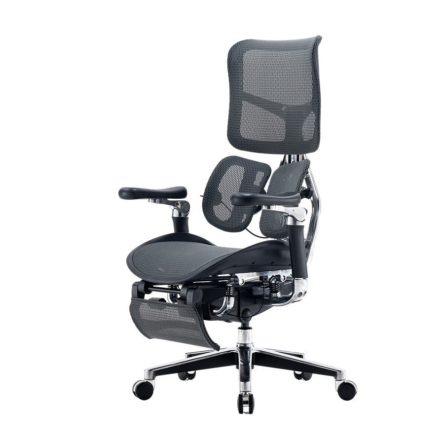 Semi-front left view of black Sihoo Doro S300 ergonomic chair in Australia with integrated footrest on white background