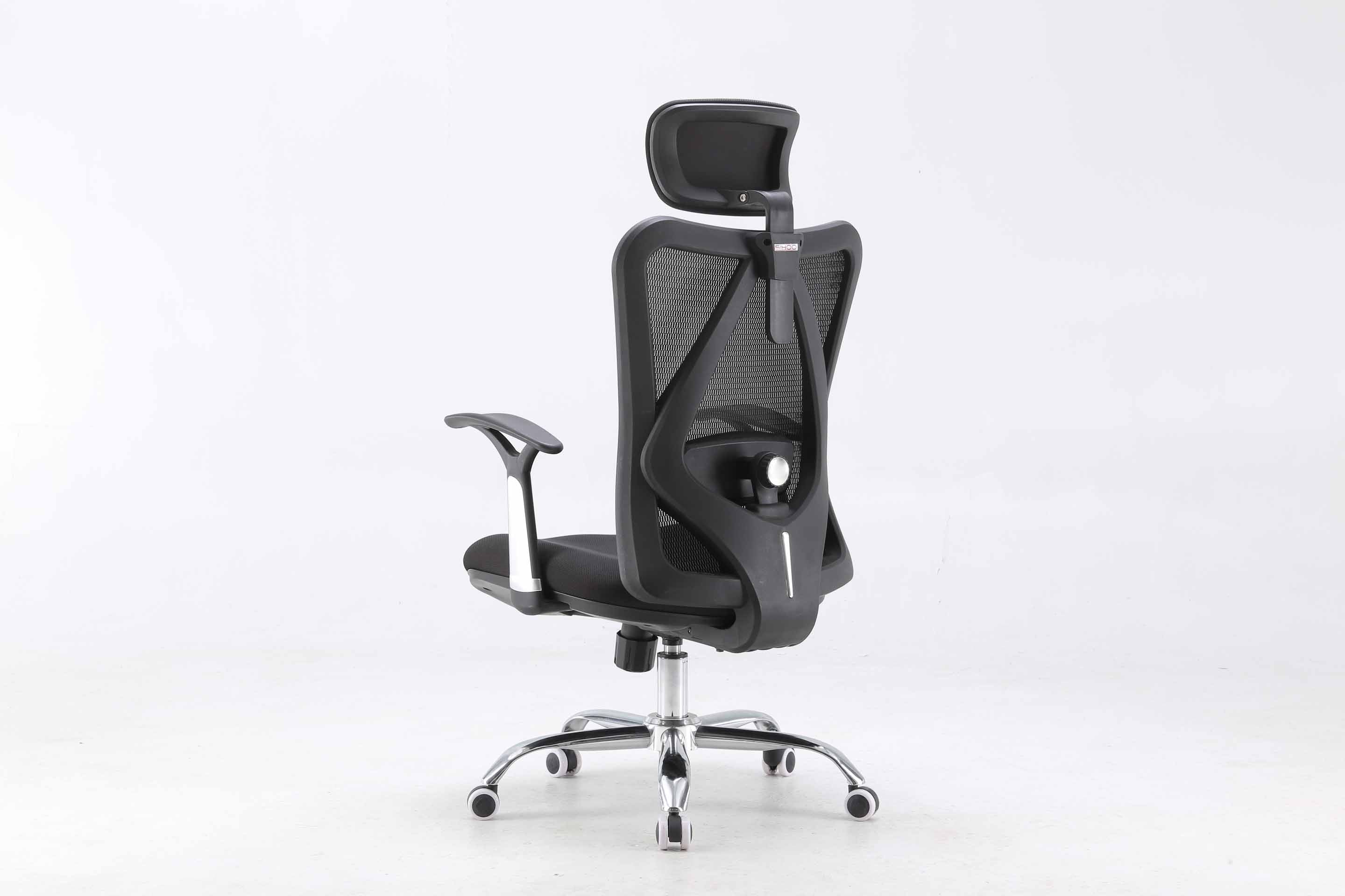 Semi rear left view of black Sihoo M16 ergonomic chair in Australia on a white background highlighting mesh back and ergonomic support