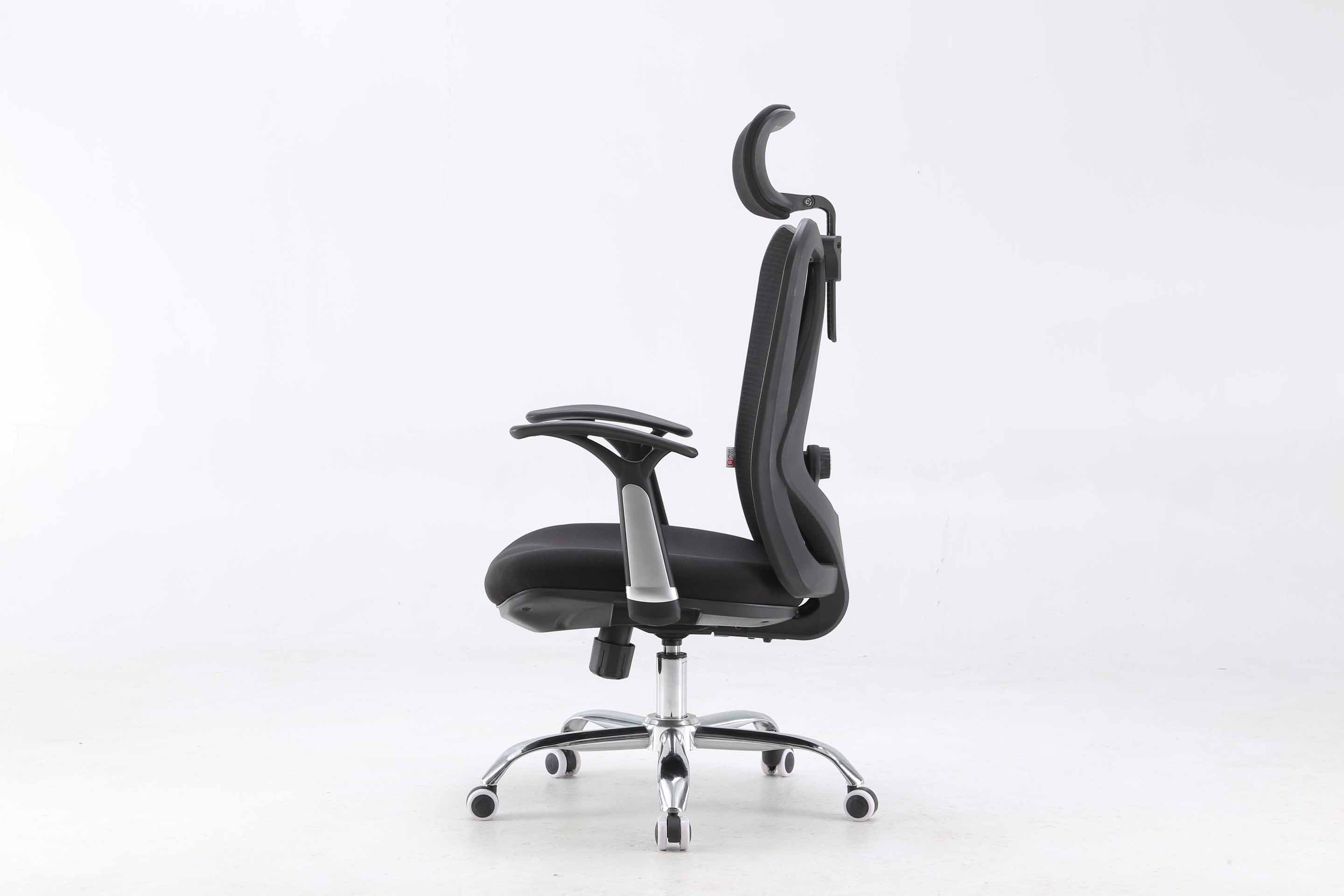 Left view of black Sihoo M16 ergonomic chair in Australia on a white background highlighting mesh back, seat and adjustable armrests