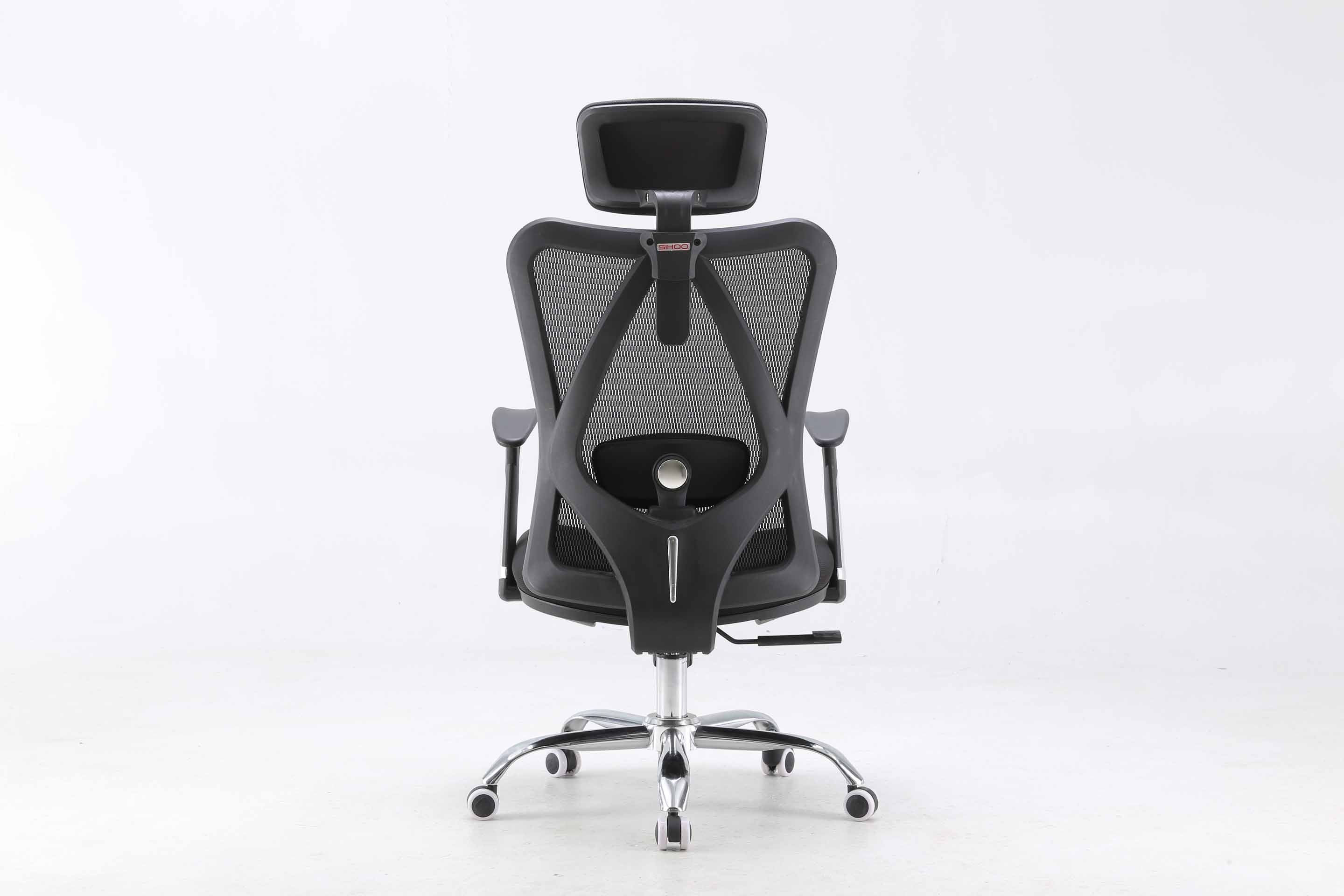 Back view of black Sihoo M16 ergonomic chair in Australia on a white background highlighting mesh back and lumbar support