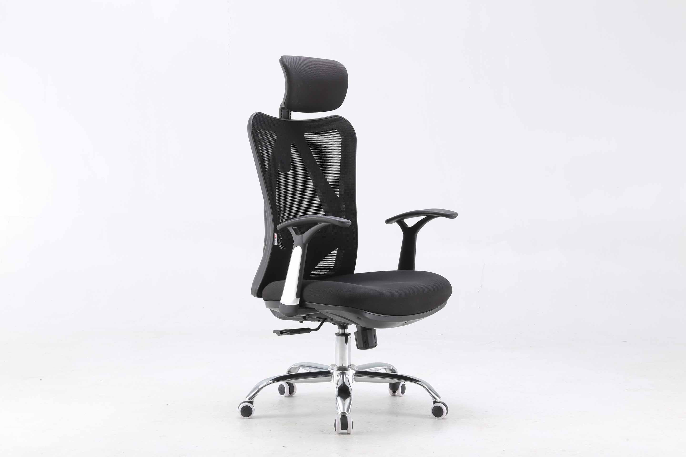 Semi front right view of black Sihoo M16 ergonomic chair in Australia on a white background showing mesh back, seat and adjustable support