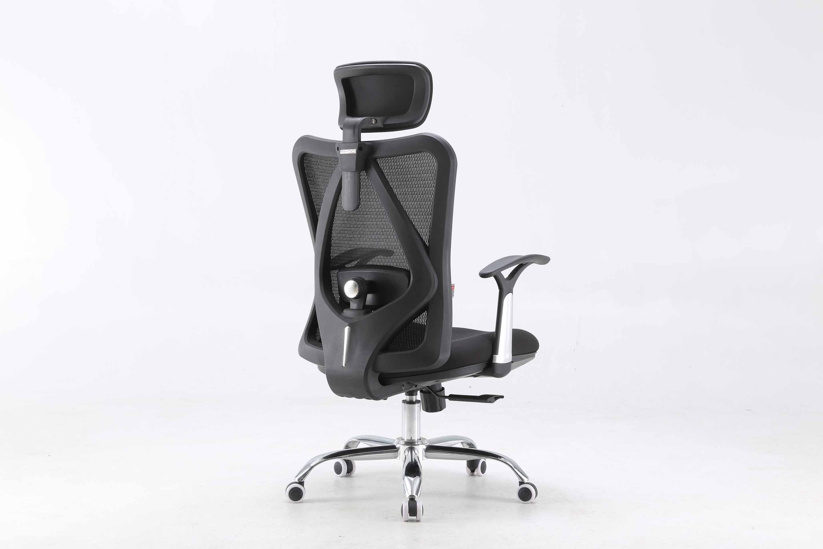 Semi rear right view of black Sihoo M16 ergonomic chair in Australia on a white background highlighting mesh back and ergonomic support