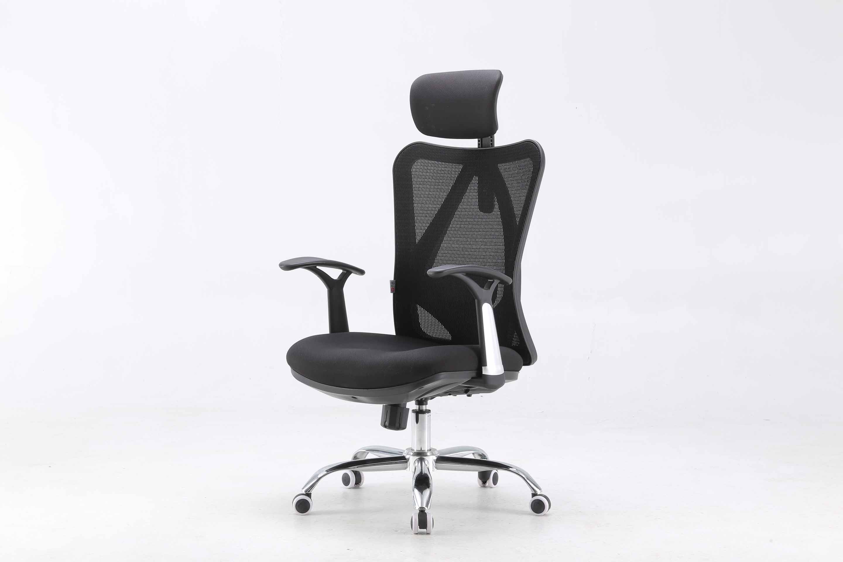 Semi front left view of black Sihoo M16 ergonomic chair in Australia on a white background highlighting mesh back, seat and ergonomic support