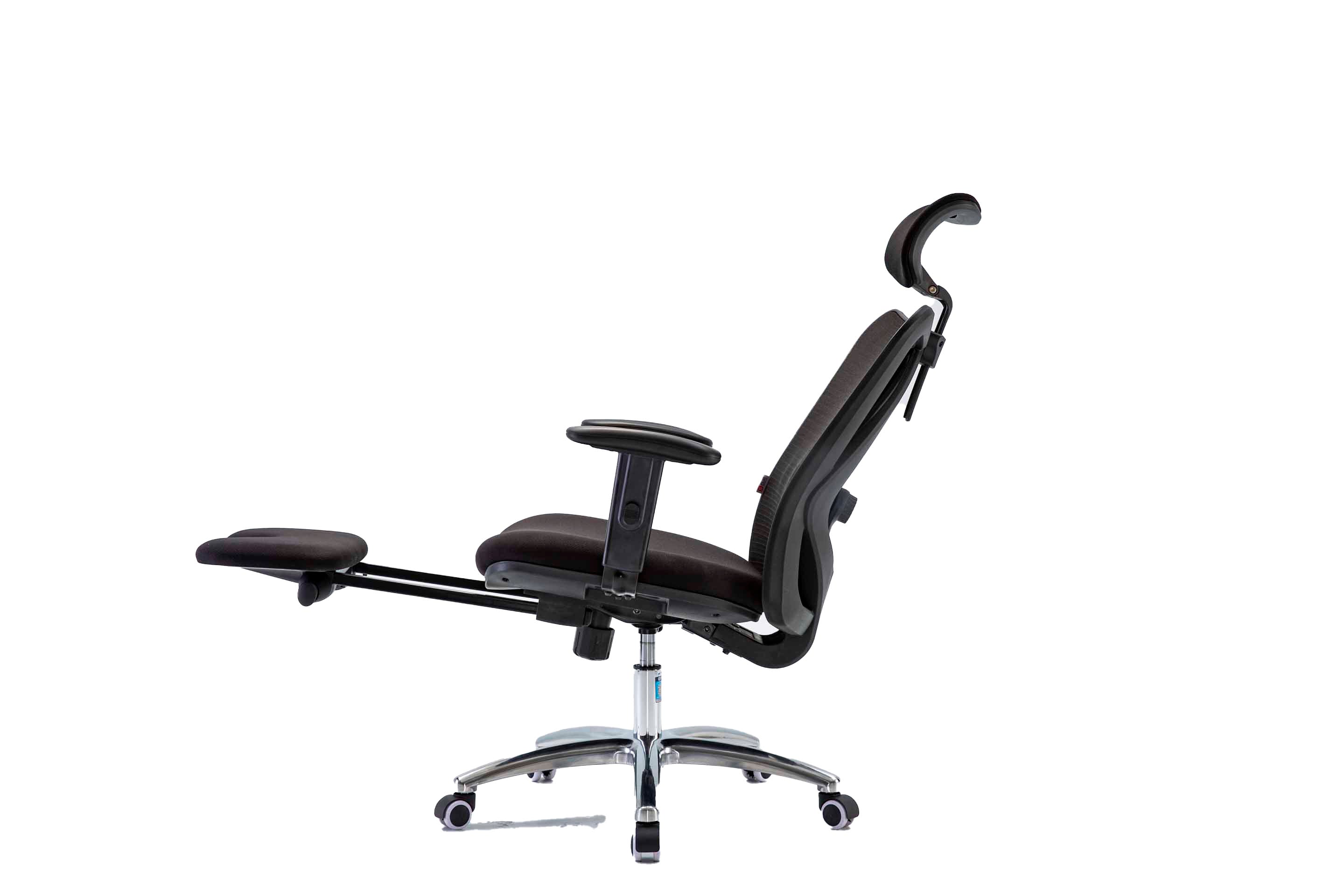 Left-side view of black Sihoo M18 ergonomic chair in Australia with expandable recline and footrest on a white background highlighting adjustable comfort