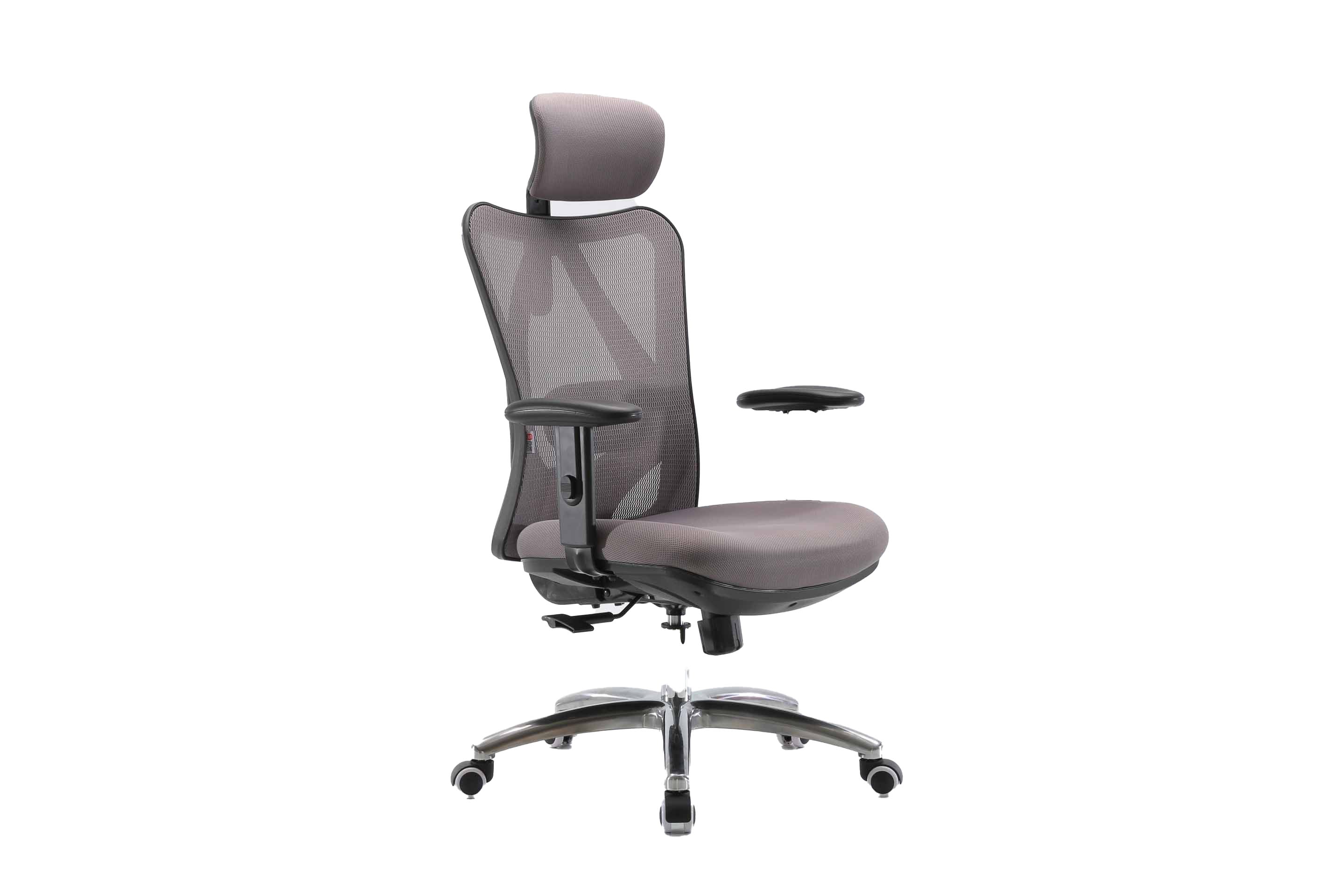 Front-right view of gray Sihoo M18 ergonomic chair in Australia on a white background highlighting its sleek ergonomic design