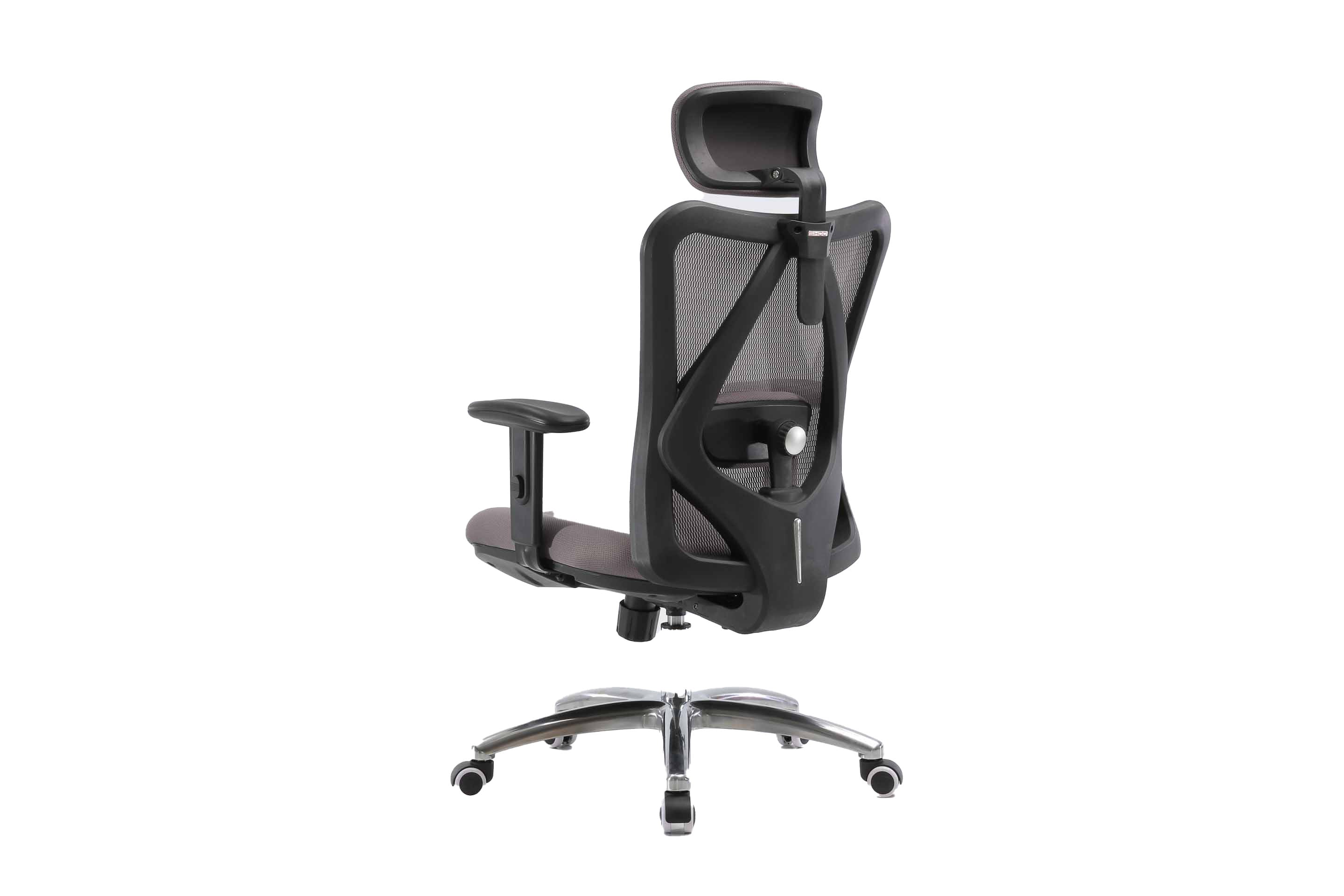 Rear angled left view of black Sihoo M18 ergonomic chair in Australia on a white background highlighting its supportive backrest design