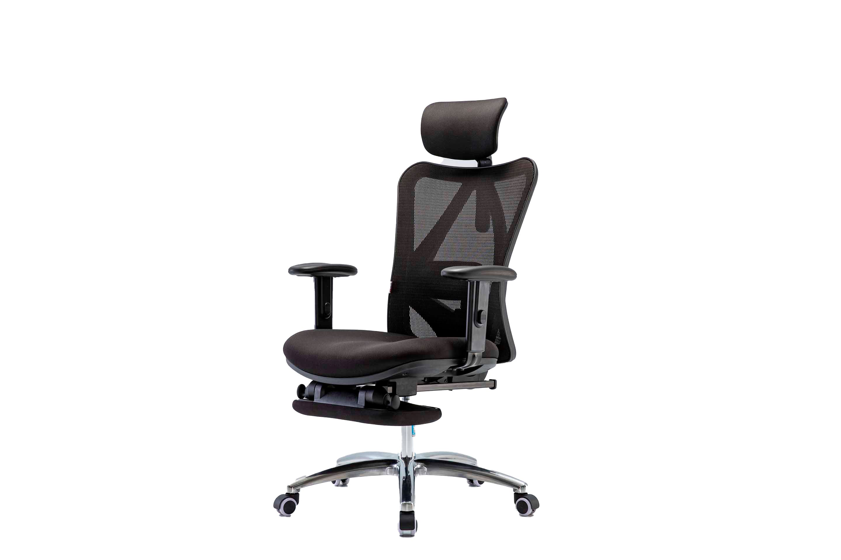 Angled front-left view of black Sihoo M18 ergonomic chair in Australia with footrest on a white background showcasing its ergonomic form