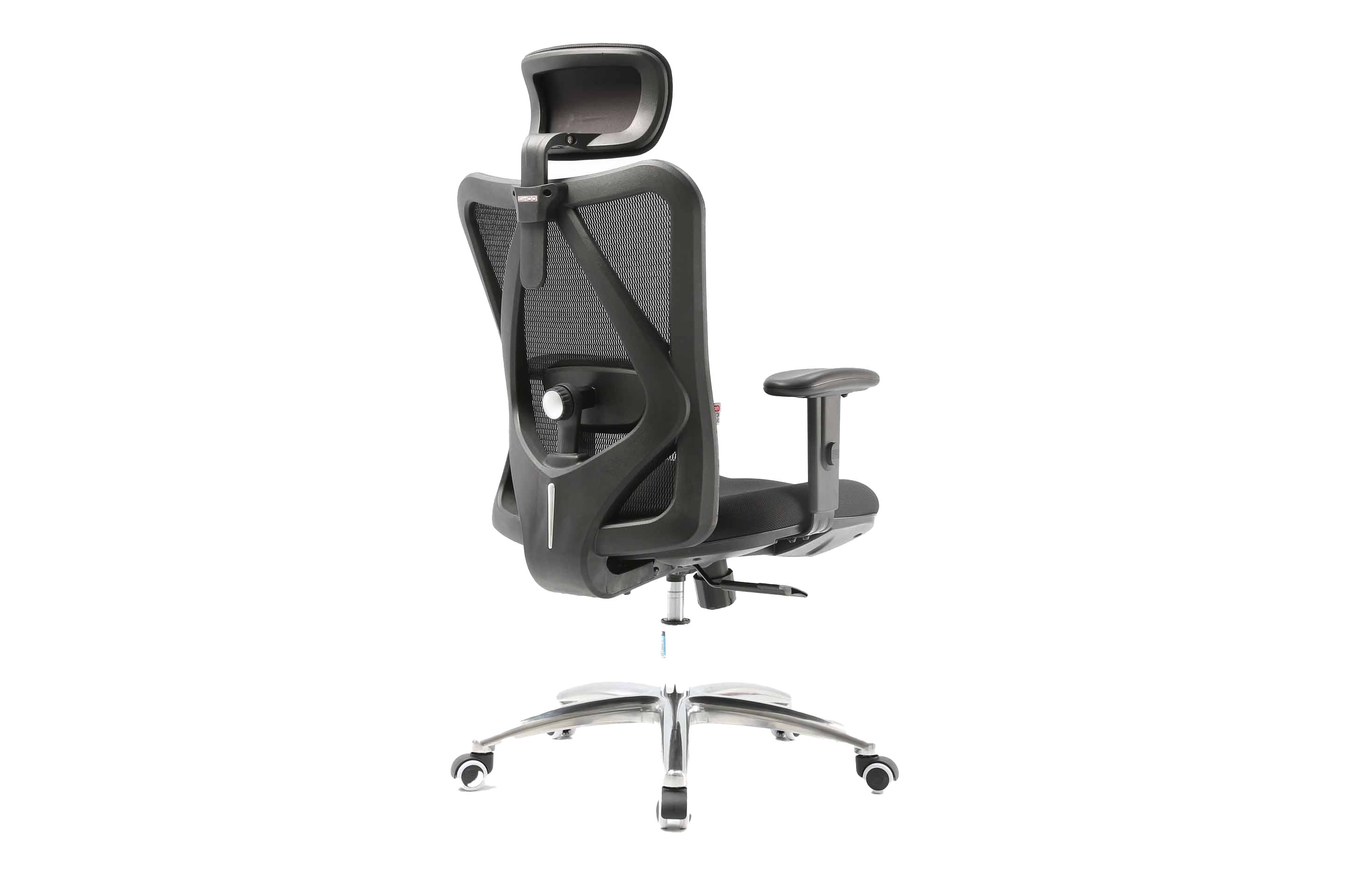 Rear angled right view of black Sihoo M18 ergonomic chair in Australia on a white background highlighting its supportive backrest design