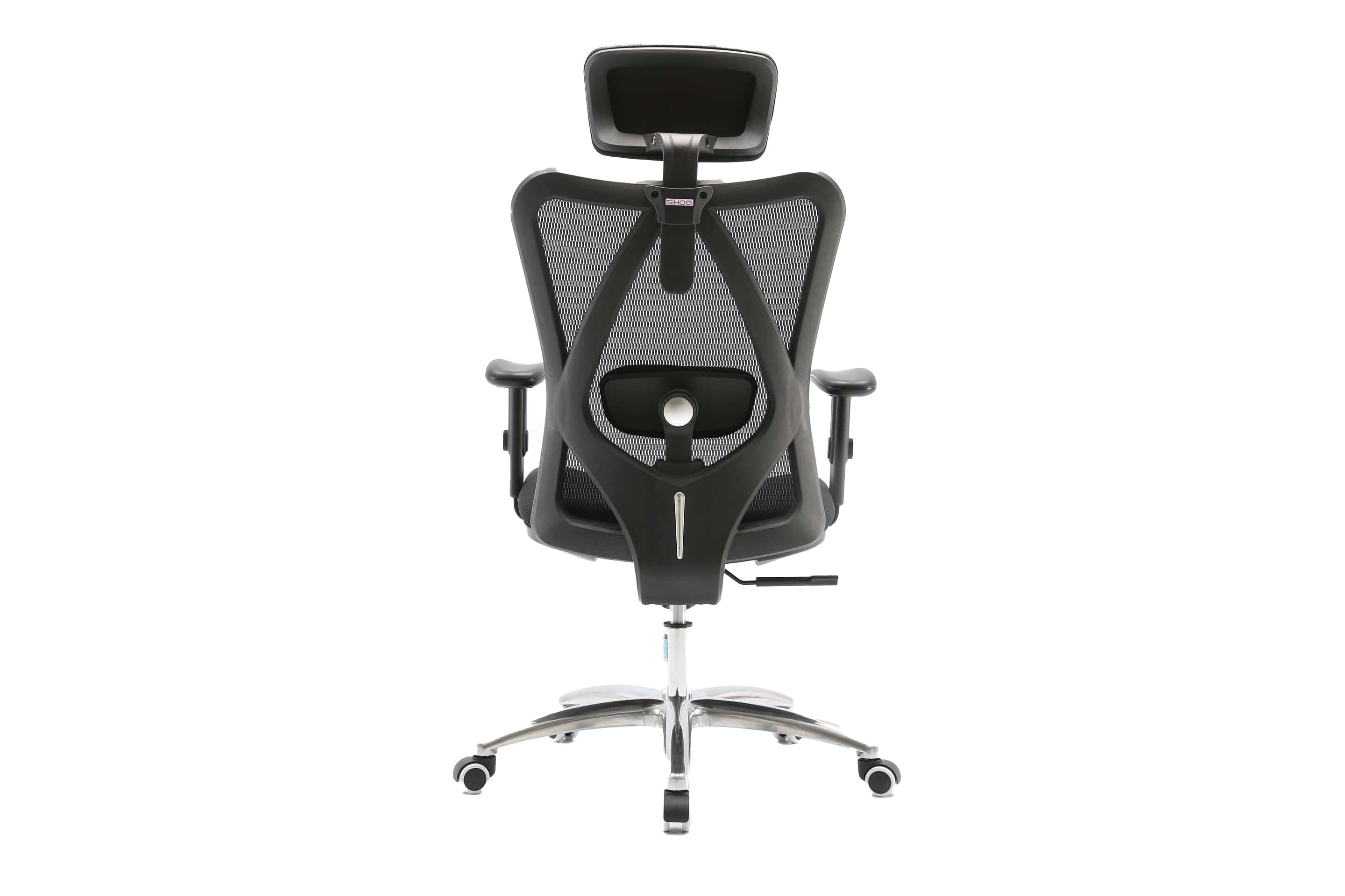 Rear view of black Sihoo M18 ergonomic chair in Australia on a white background highlighting its mesh back and support structure