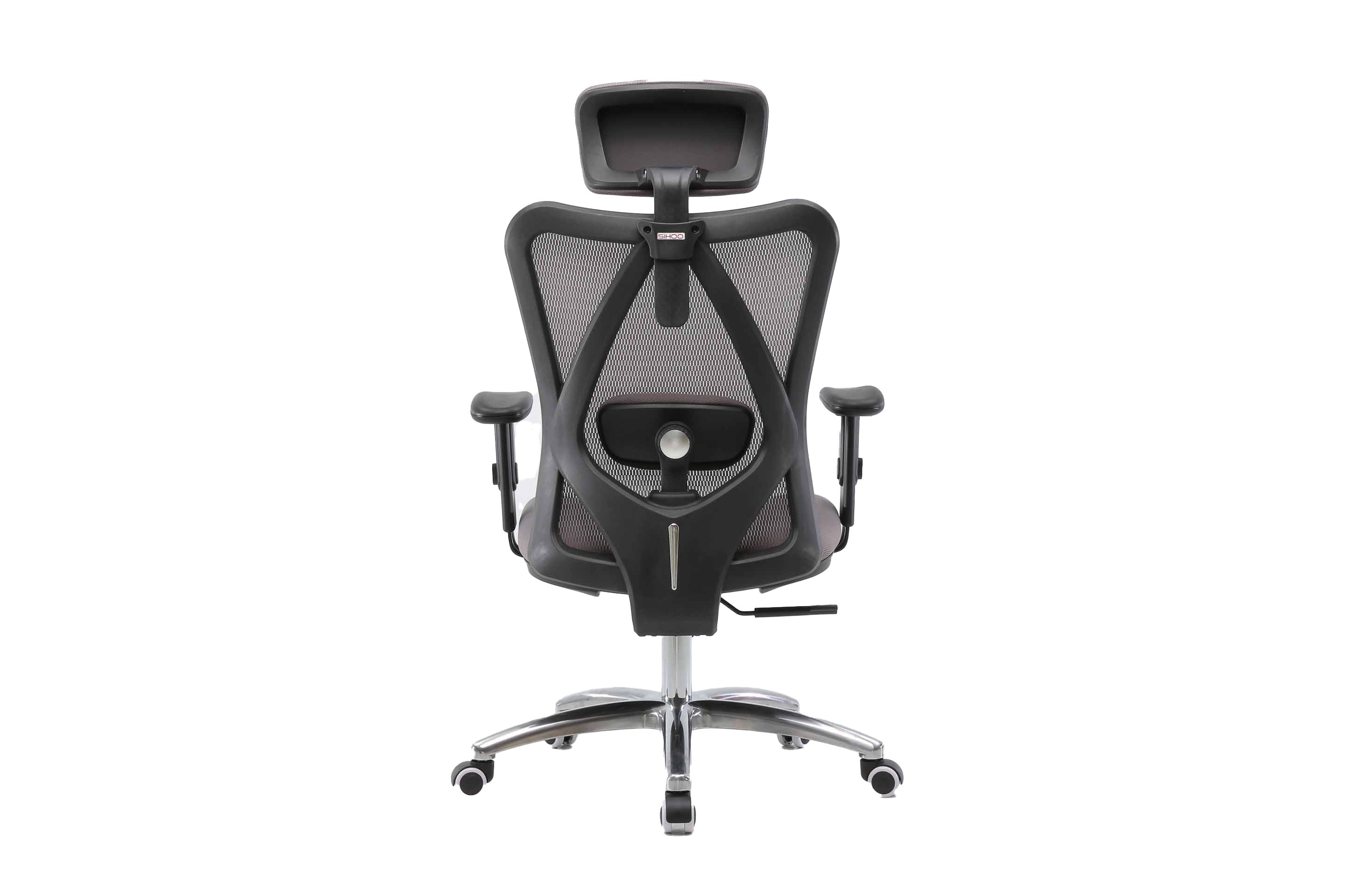 Full back view of black Sihoo M18 ergonomic chair in Australia on a white background highlighting its mesh backrest and support design