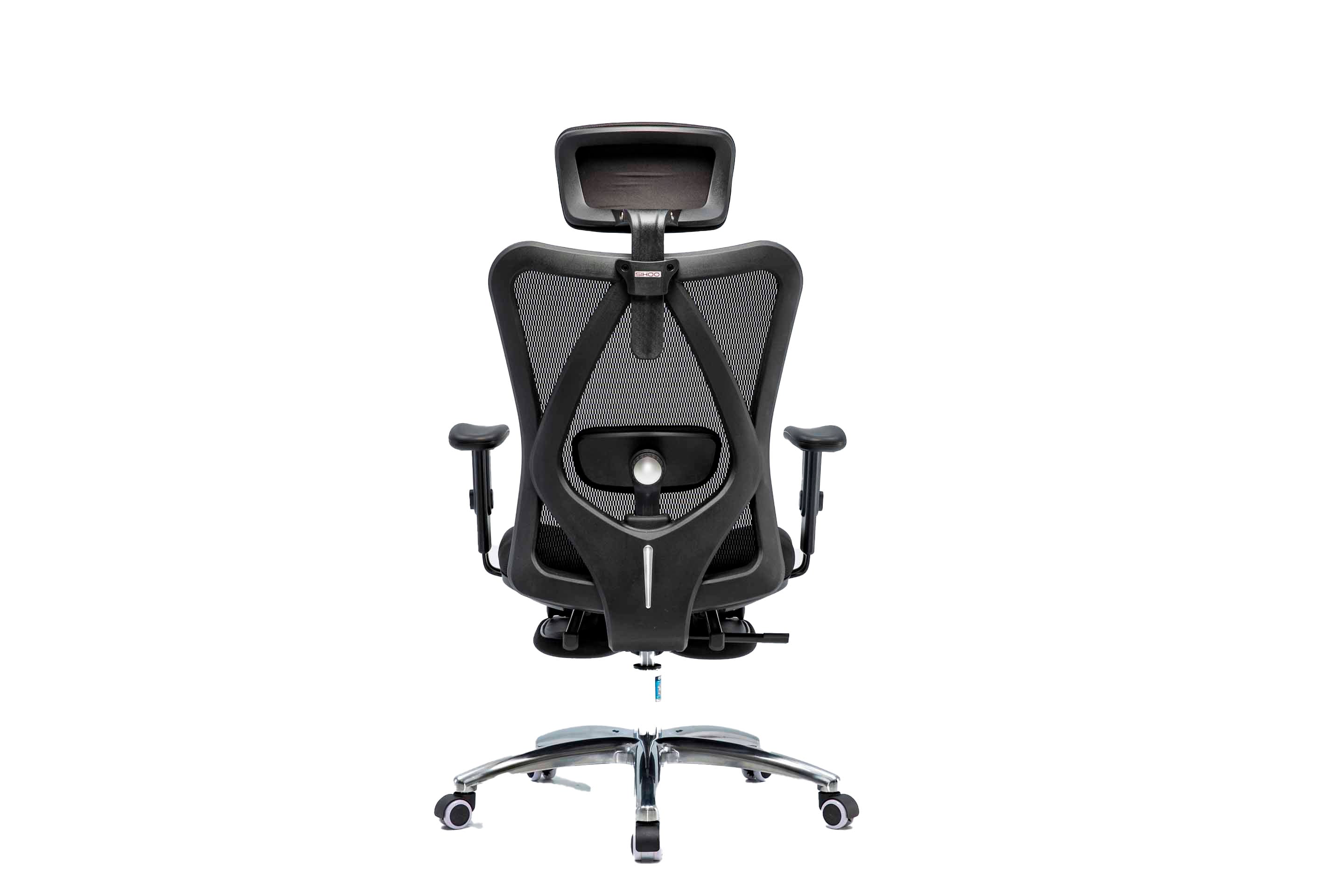 Rear view of black Sihoo M18 ergonomic chair in Australia with footrest on a white background highlighting its supportive mesh back design