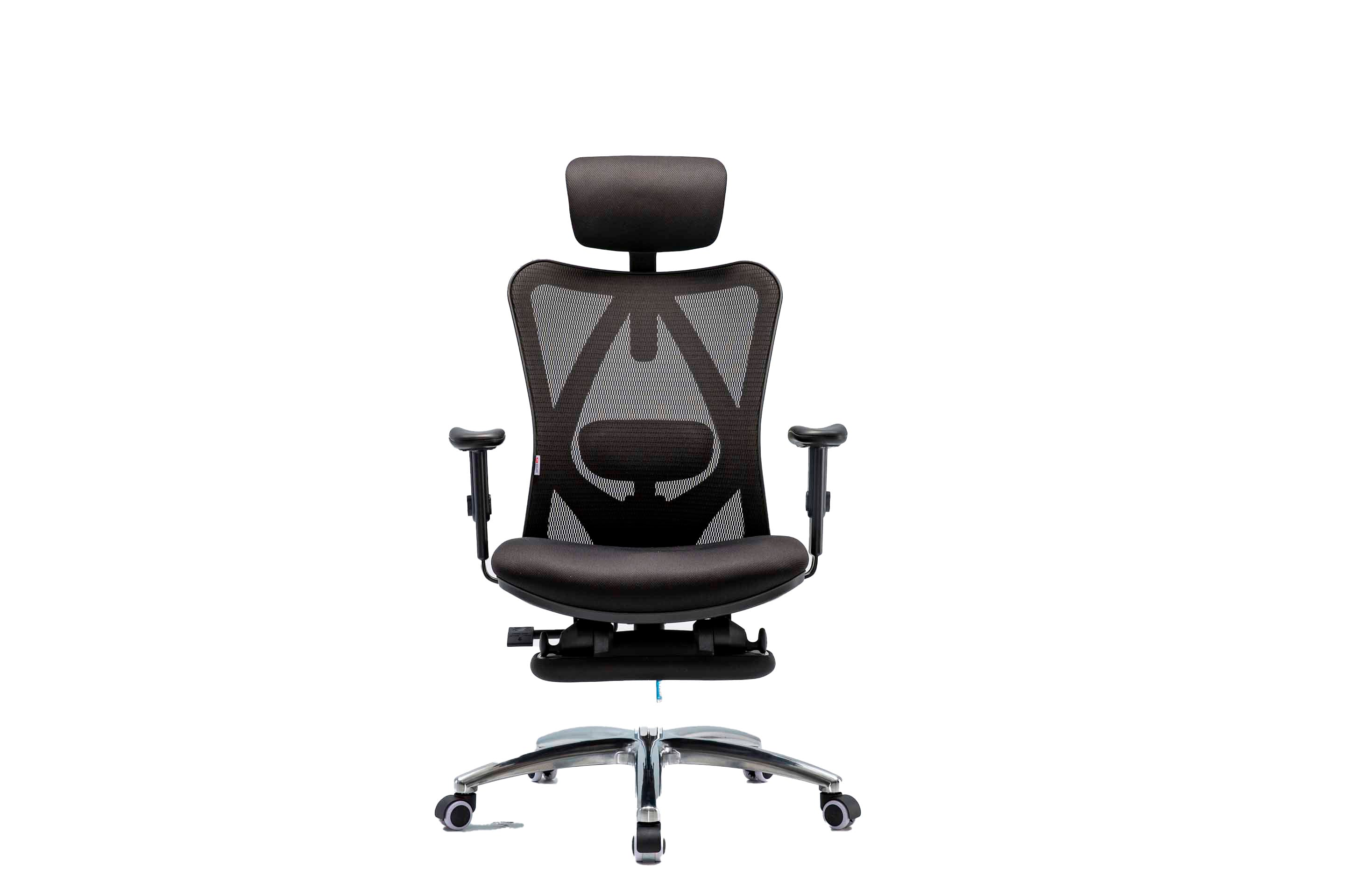 Front view of black Sihoo M18 ergonomic chair in Australia with built-in footrest on a white background highlighting adjustable comfort