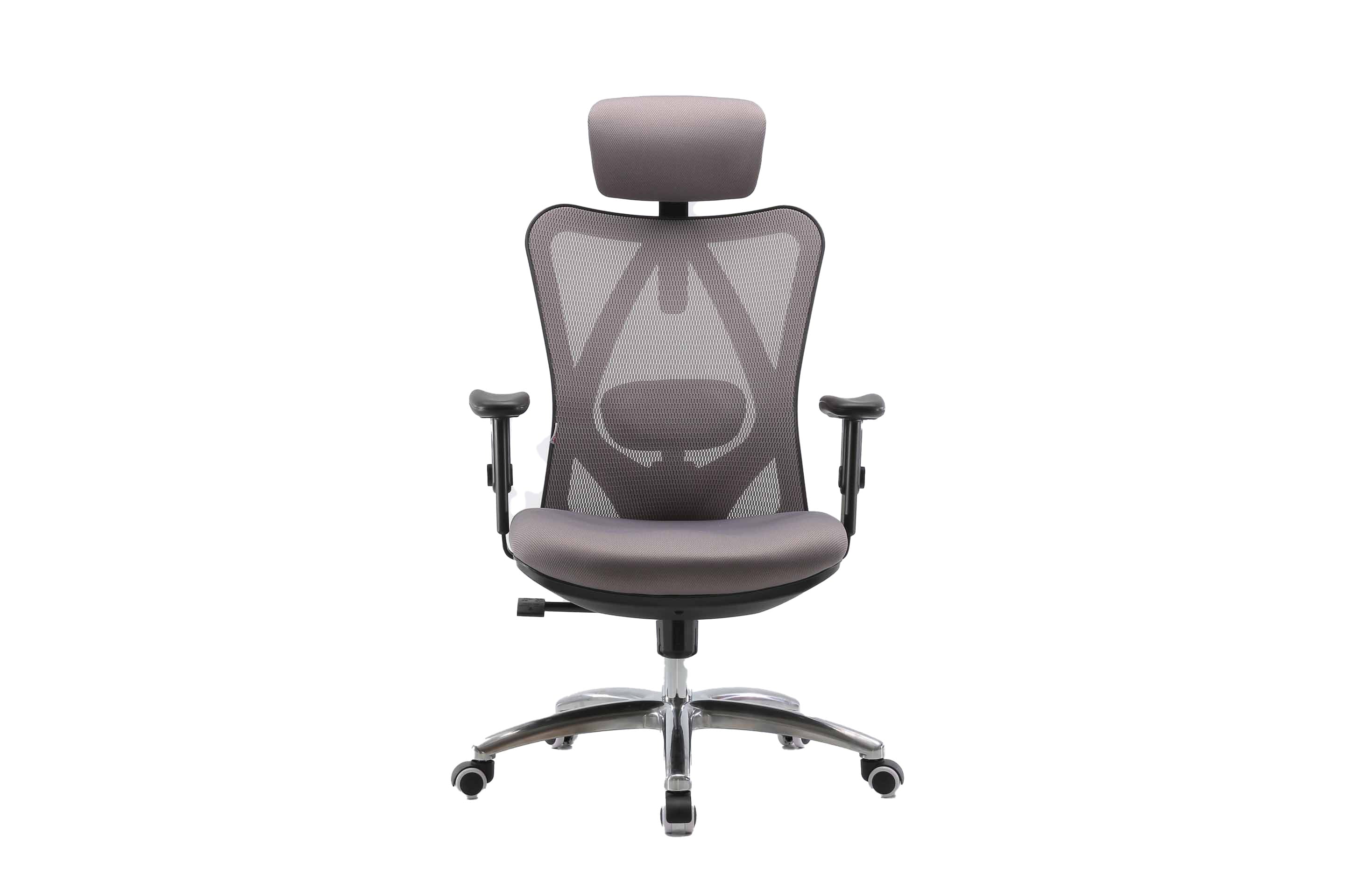 Full front view of grey Sihoo M18 ergonomic chair in Australia on a white background highlighting its ergonomic seat and armrest design