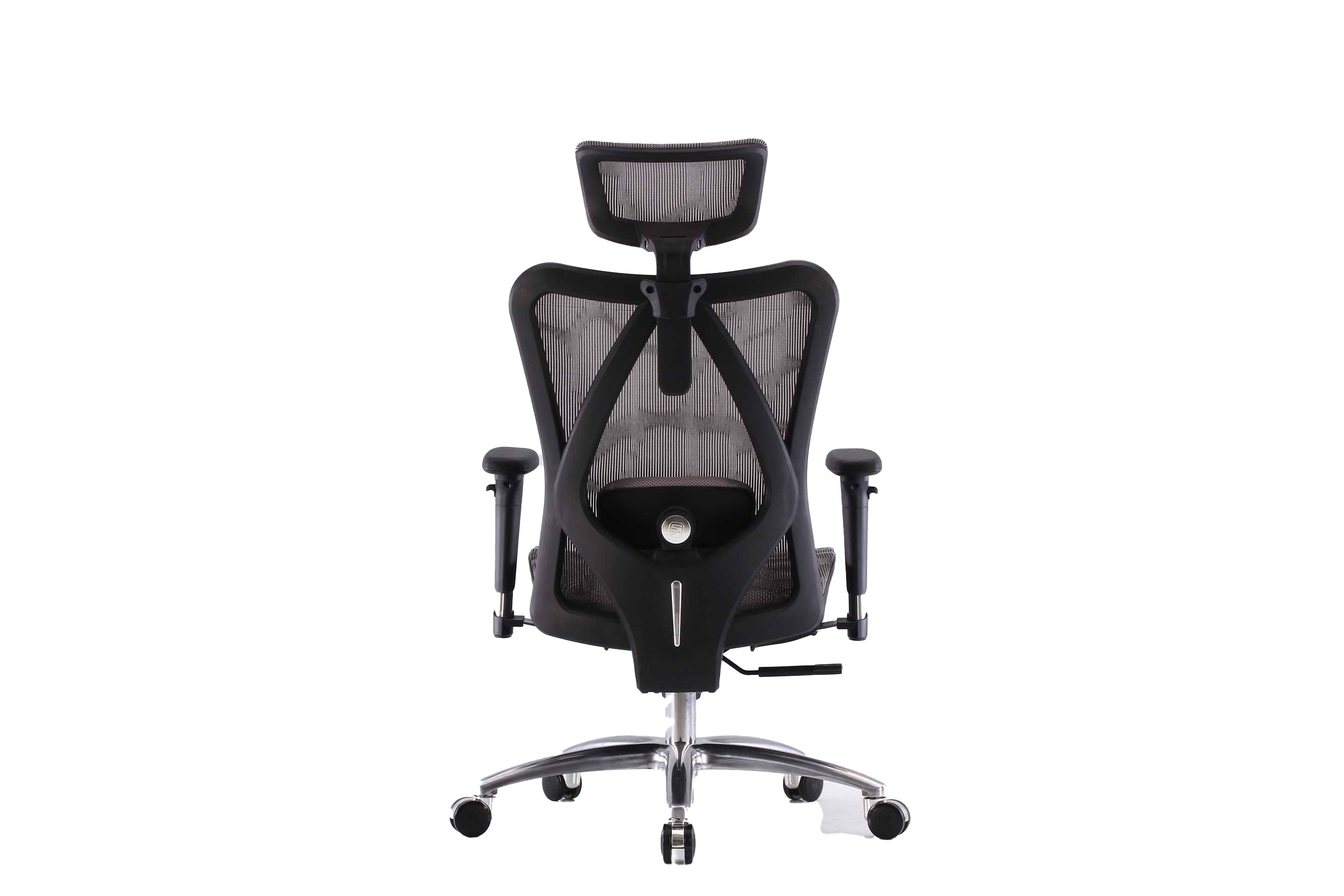 Rear view of black Sihoo M57 ergonomic chair in Australia on a white background highlighting mesh back and lumbar support
