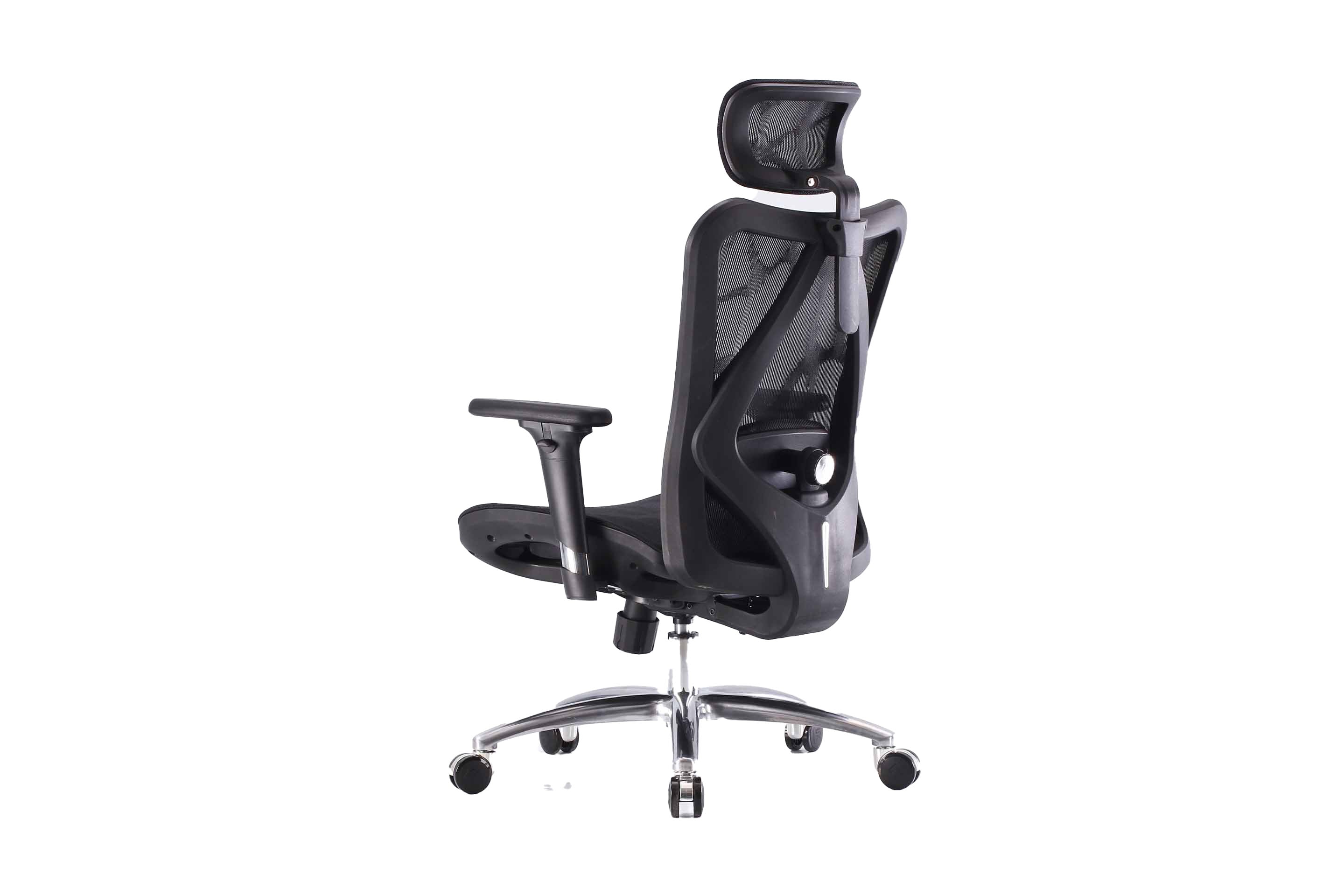 Semi rear left view of black Sihoo M57 ergonomic chair in Australia on a white background highlighting mesh back and ergonomic support