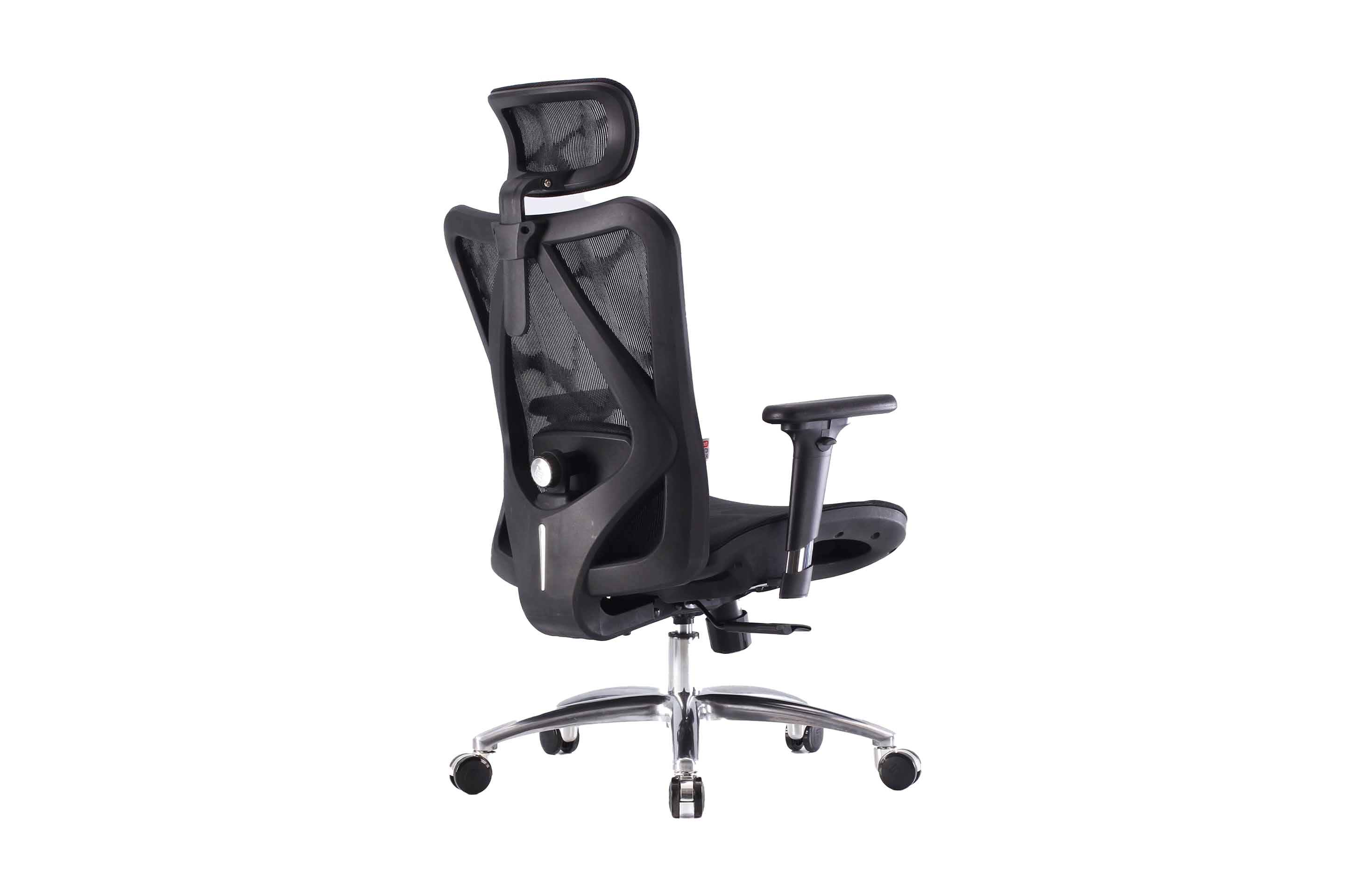 Semi rear right view of black Sihoo M57 ergonomic chair in Australia on a white background showing seat, armrests and headrest