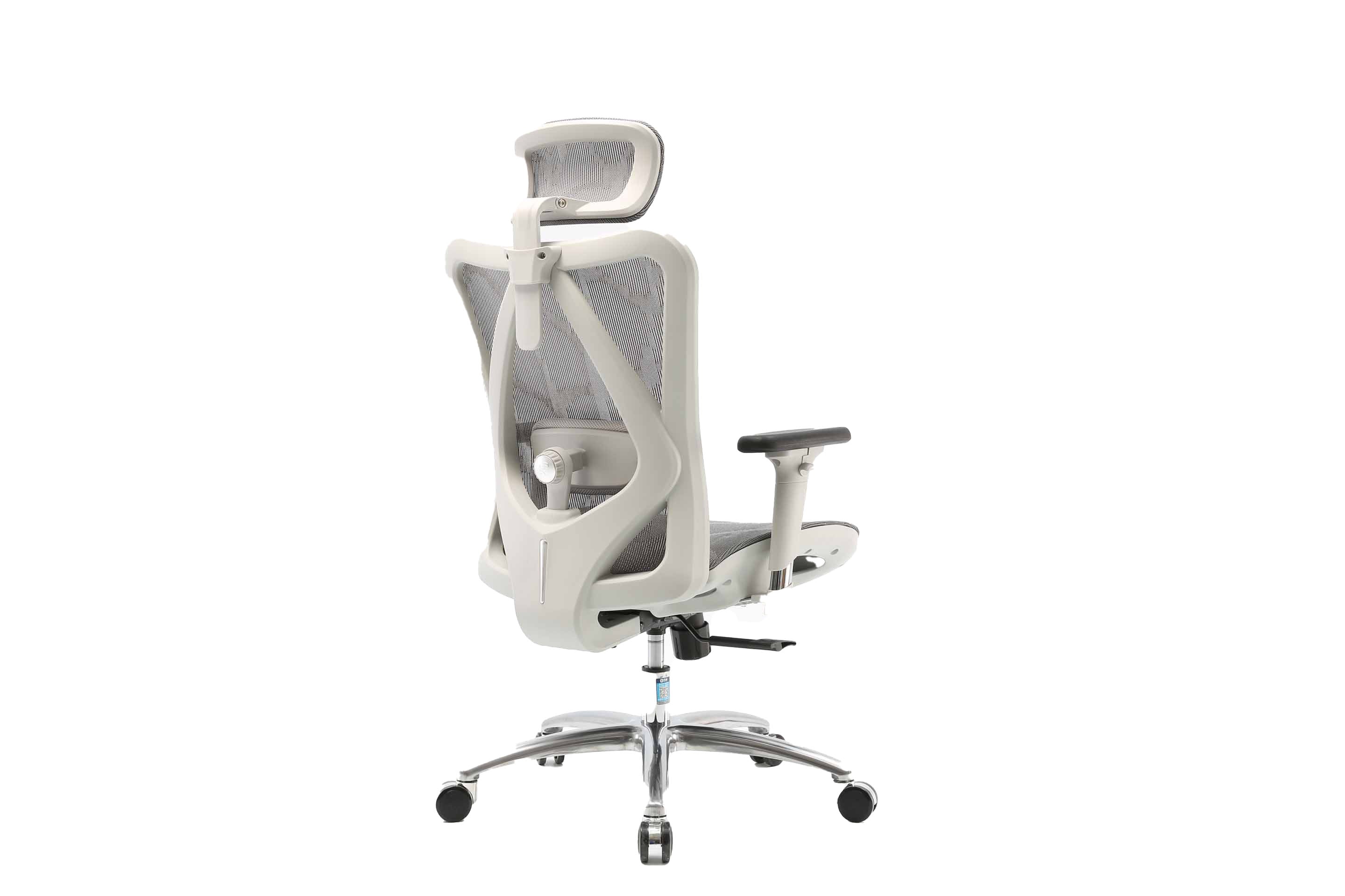 Rear angled right view of white Sihoo M57 ergonomic chair in Australia on a white background showcasing its ergonomic back design