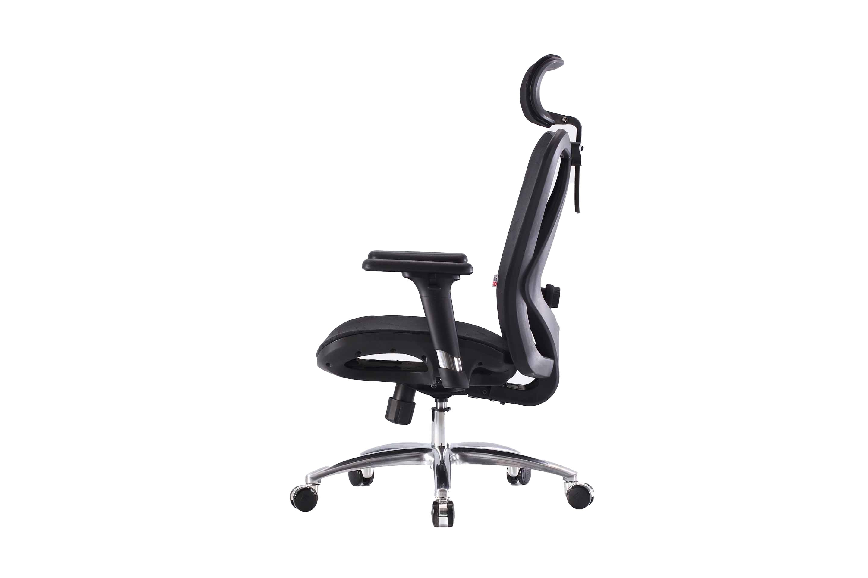 Left view of black Sihoo M57 ergonomic chair in Australia on a white background highlighting mesh back, seat and adjustable armrests