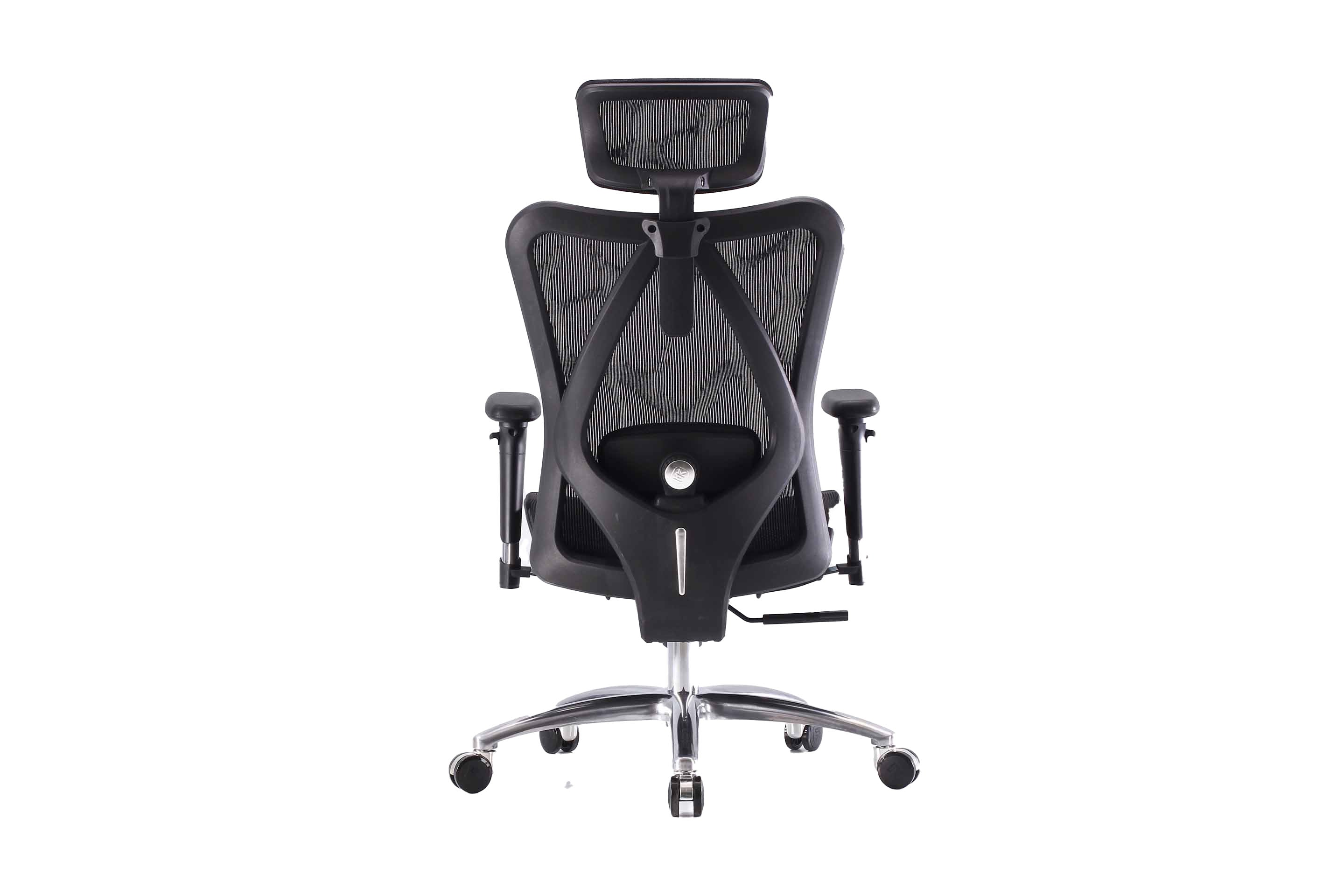 Back view of black Sihoo M57 ergonomic chair in Australia on a white background highlighting mesh back and lumbar support