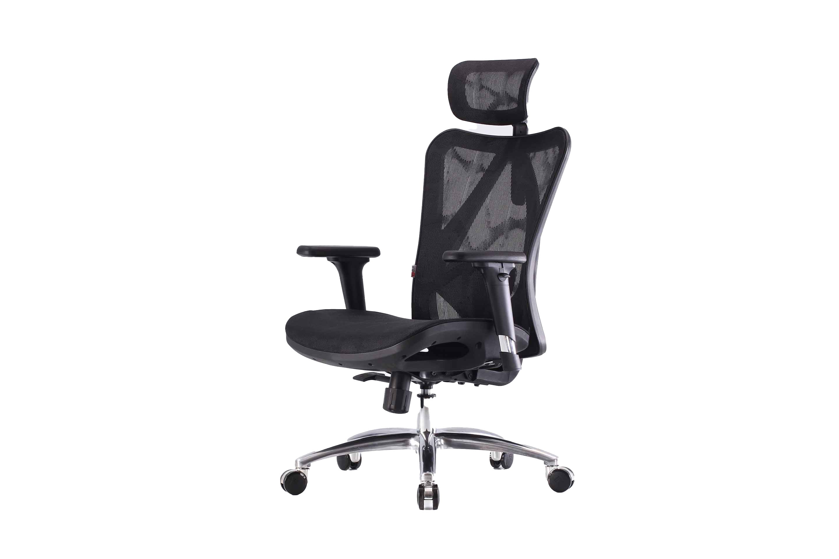 Semi front left view of black Sihoo M57 ergonomic chair in Australia on a white background showing seat, armrests and headrest