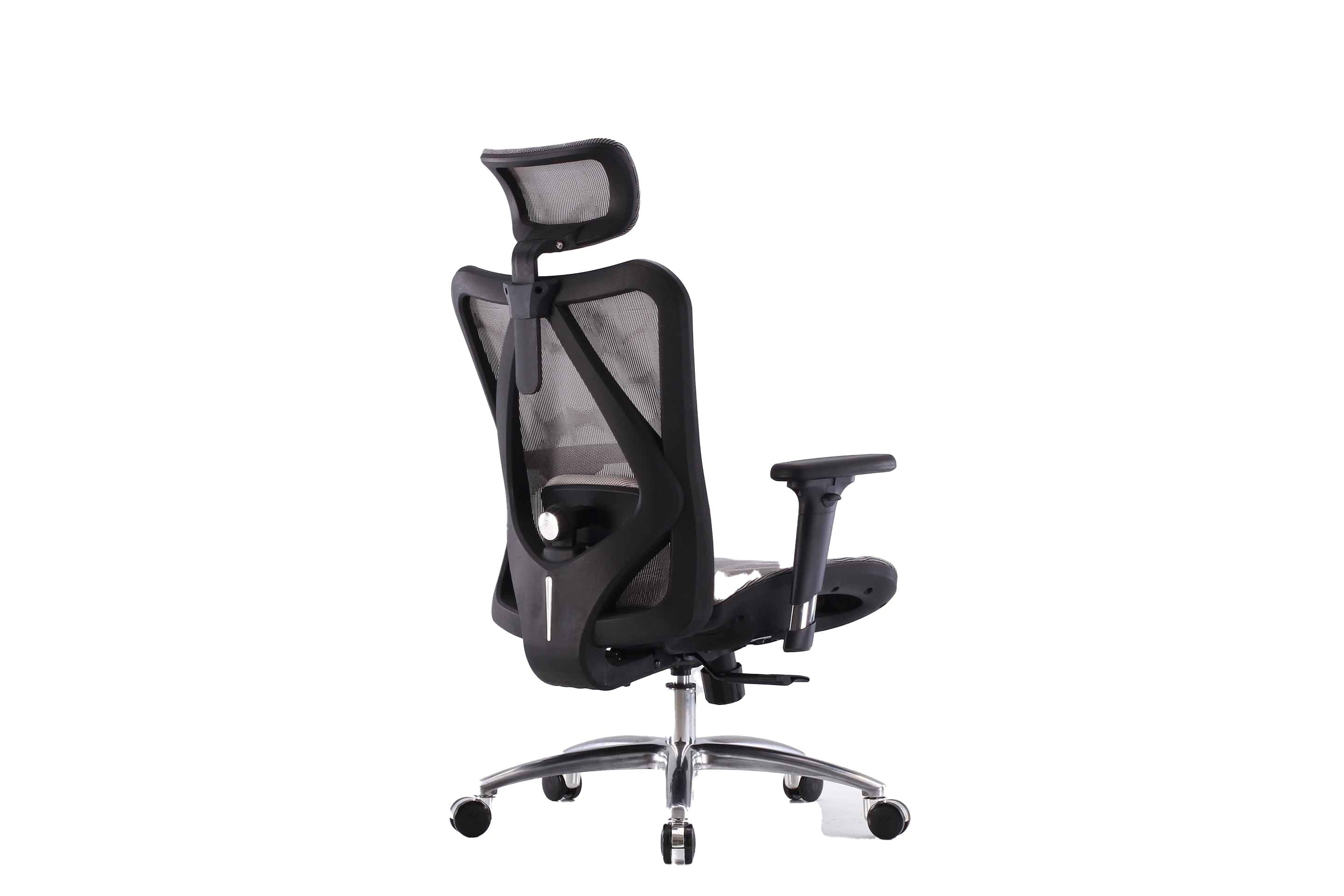 Semi rear right view of black Sihoo M57 ergonomic chair in Australia on a white background highlighting mesh back and ergonomic support