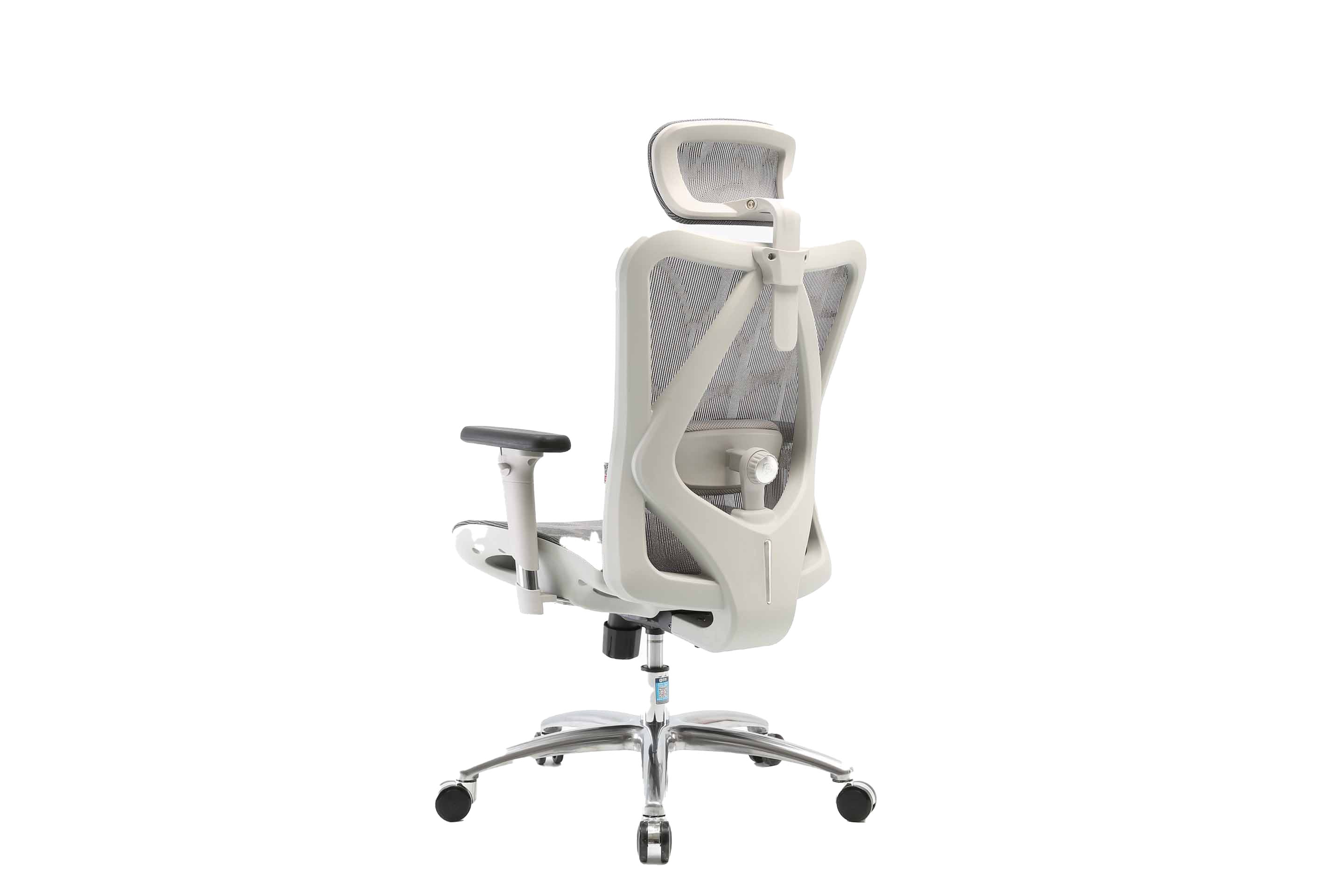 Rear angled left view of white Sihoo M57 ergonomic chair in Australia on a white background highlighting its mesh back support