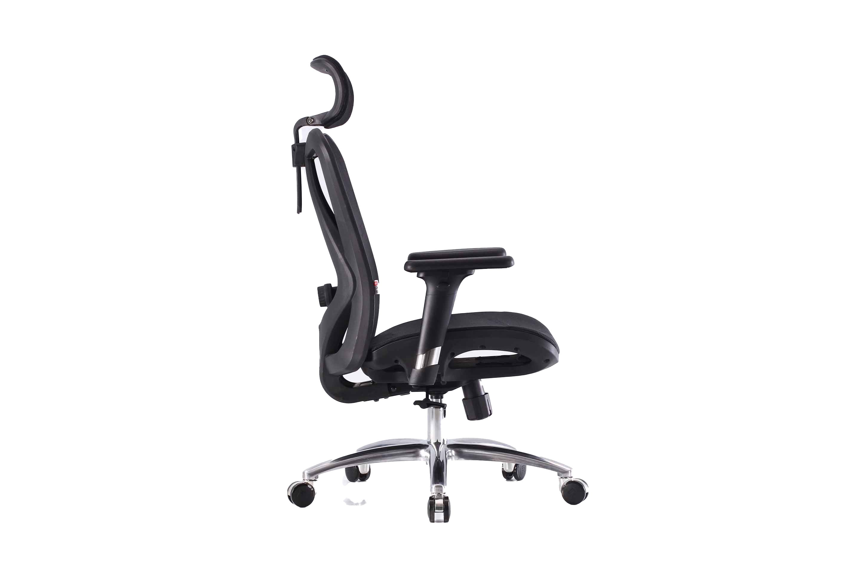 Right view of black Sihoo M57 ergonomic chair in Australia on a white background highlighting mesh back, seat and adjustable armrests
