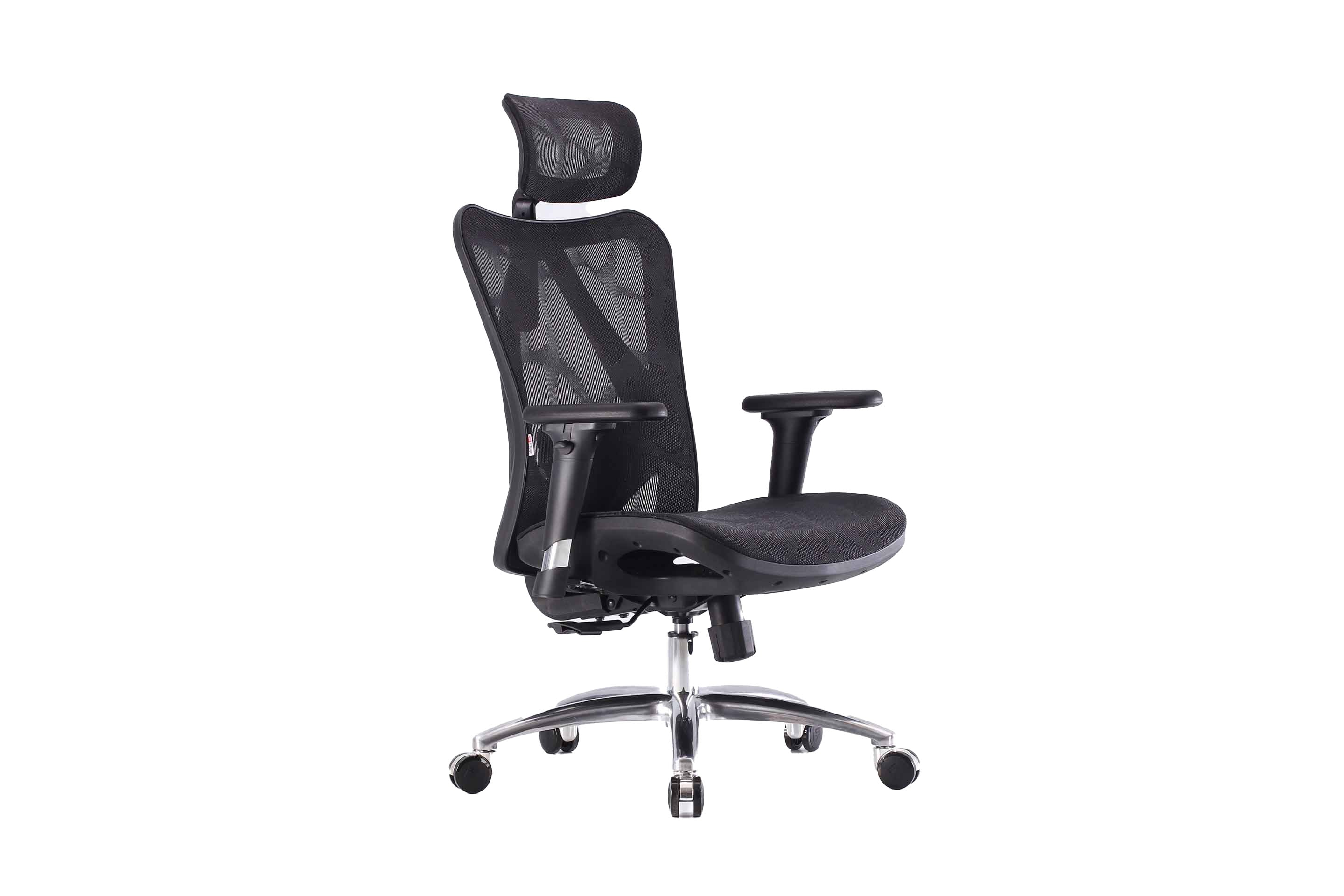 Semi front right view of black Sihoo M57 ergonomic chair in Australia on a white background showing seat, armrests and headrest