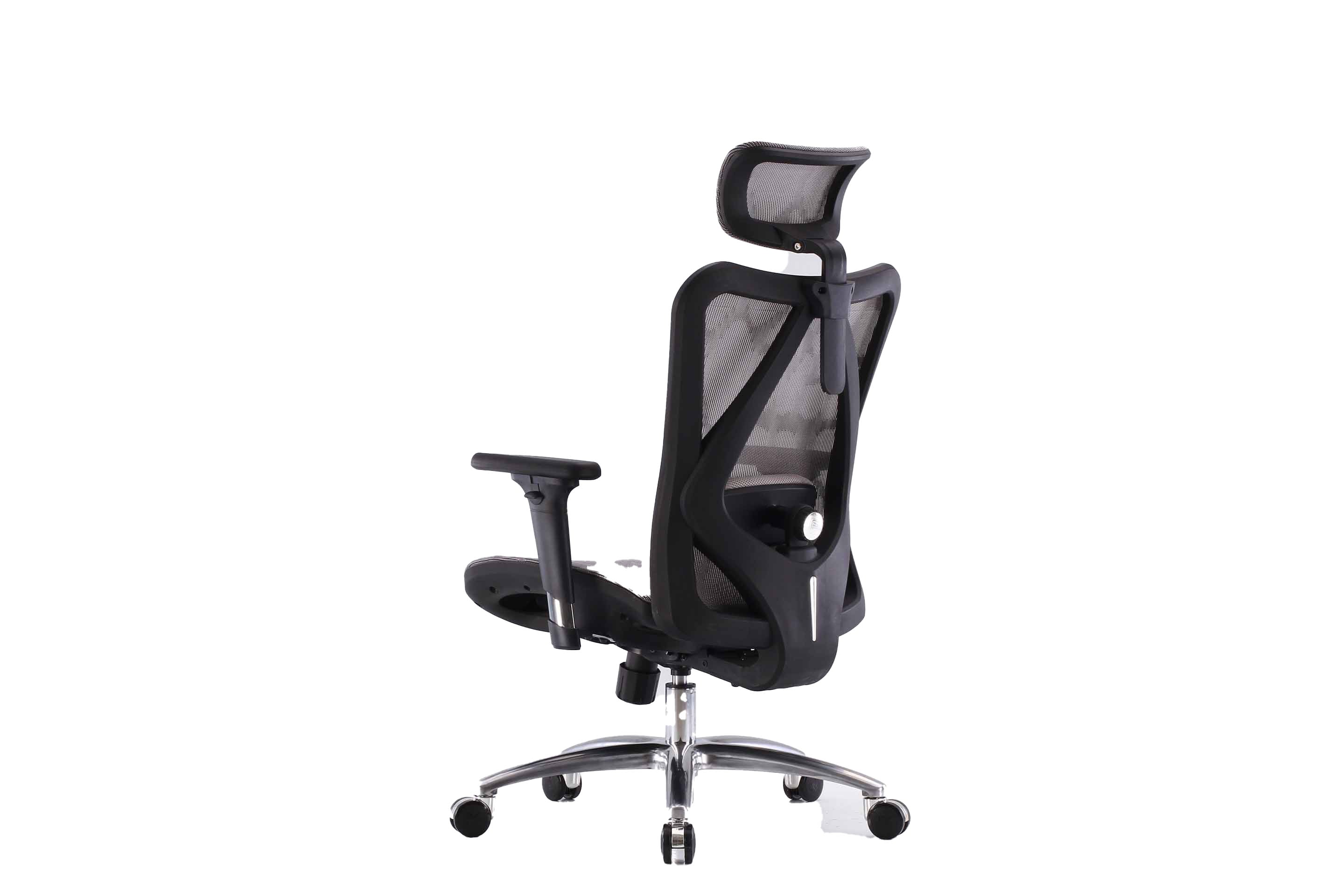 Semi rear left view of black Sihoo M57 ergonomic chair in Australia on a white background highlighting mesh back and ergonomic design