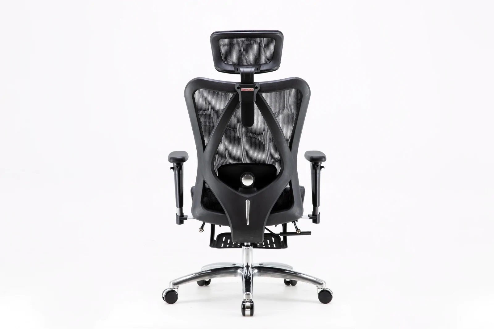 Rear view of Sihoo M57 ergonomic chair in Australia with built-in footrest on a white background highlighting its back support design