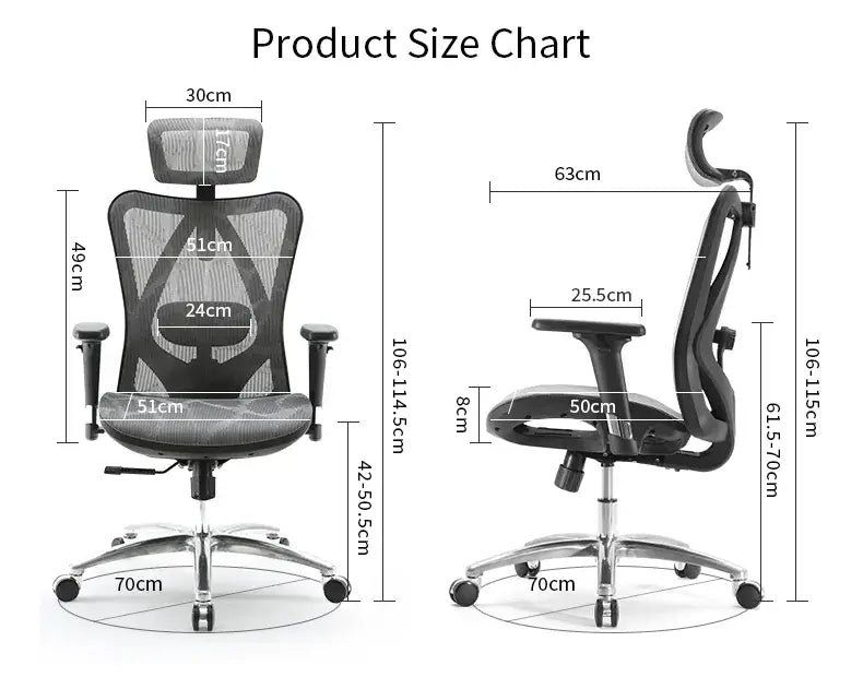 Sihoo M81 ergonomic chair in Australia size chart showing detailed dimensions for seat, backrest, and overall height