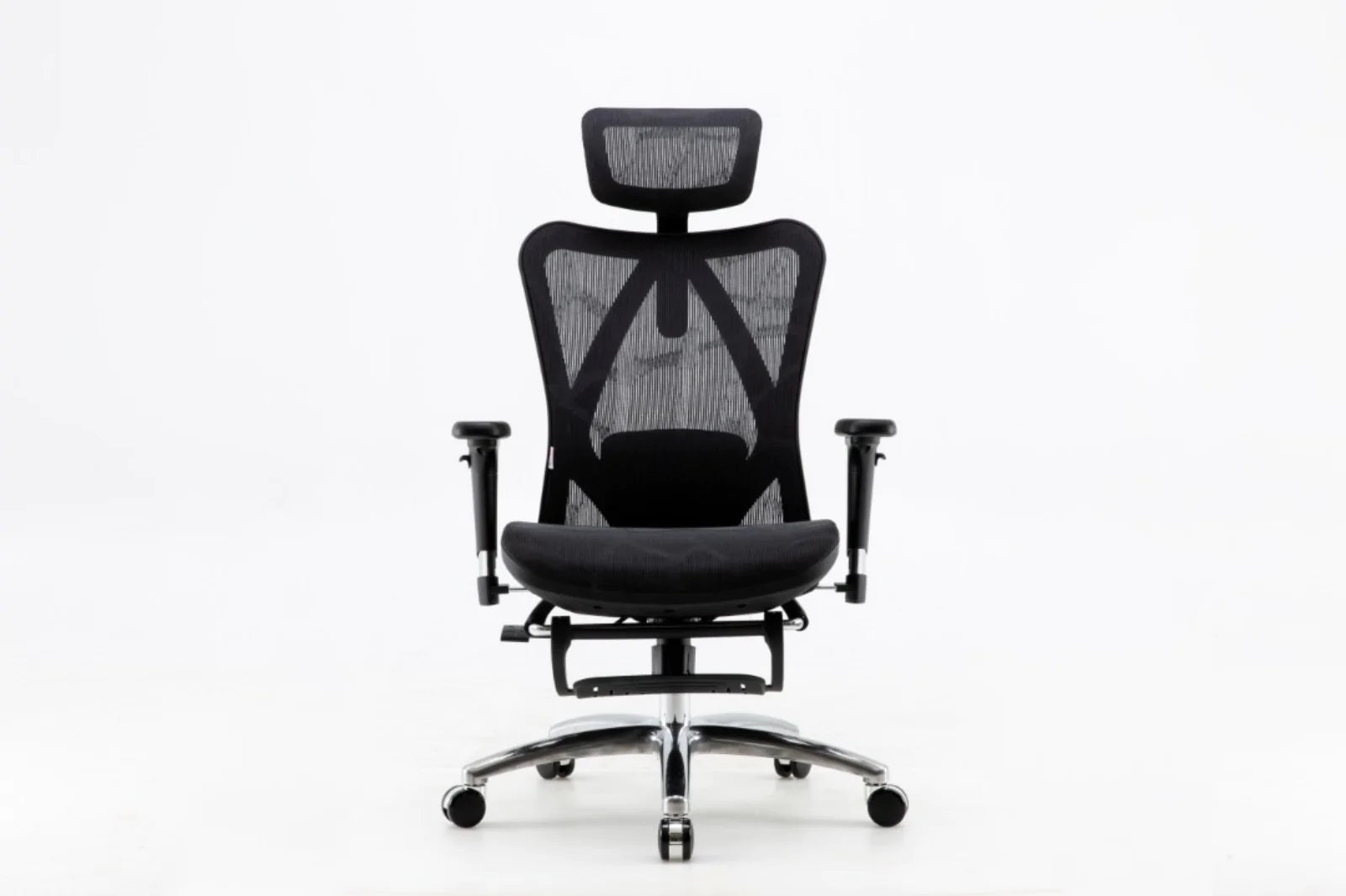 Straight-on front view of Sihoo M57 ergonomic chair in Australia with built-in footrest on a white background highlighting its ergonomic design