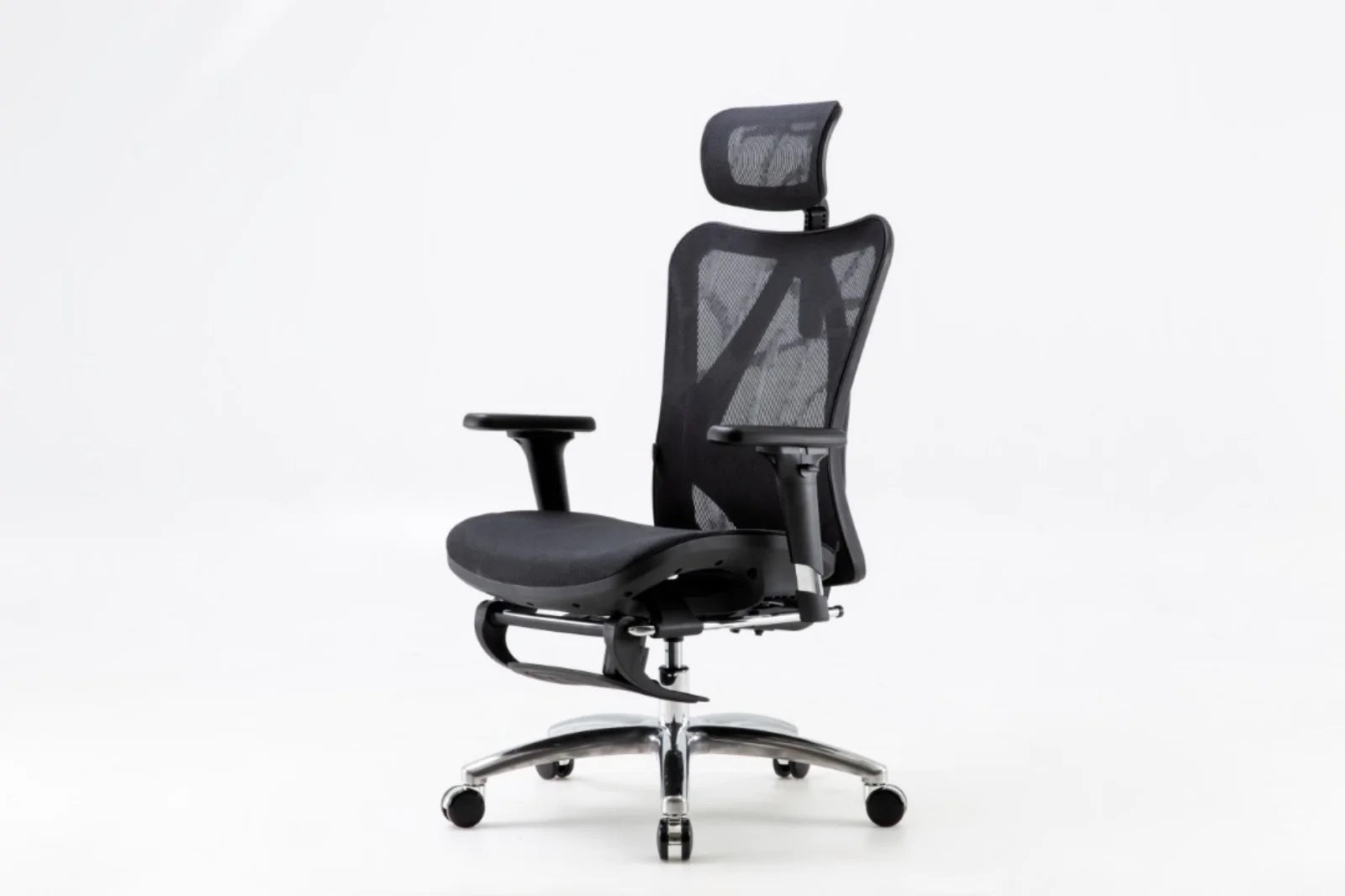 Front-left angled view of Sihoo M57 ergonomic chair in Australia with built-in footrest on a white background highlighting its ergonomic design