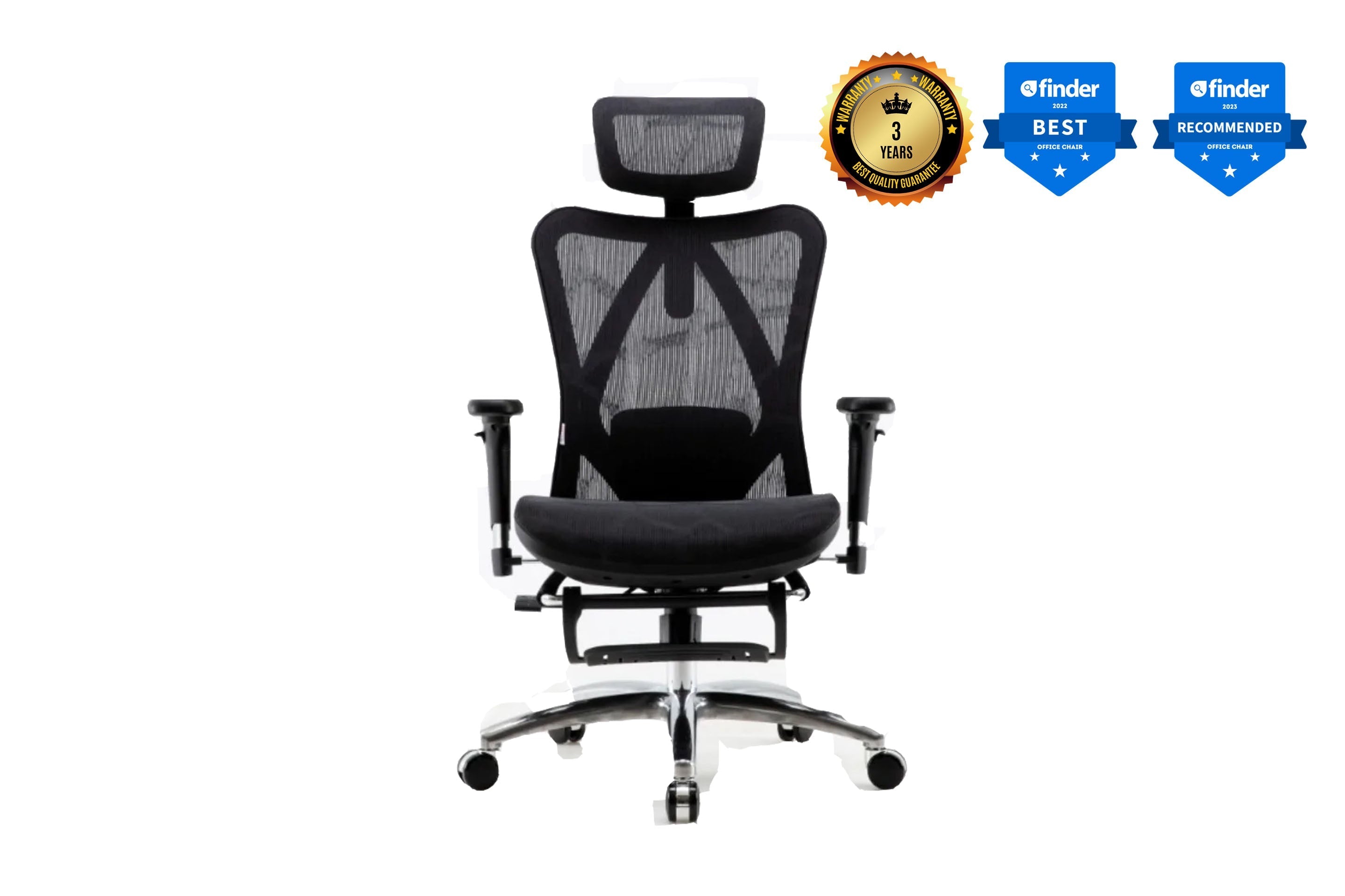 Front view of Sihoo M57 ergonomic chair in Australia with award badges highlighting comfort, support, and certified quality