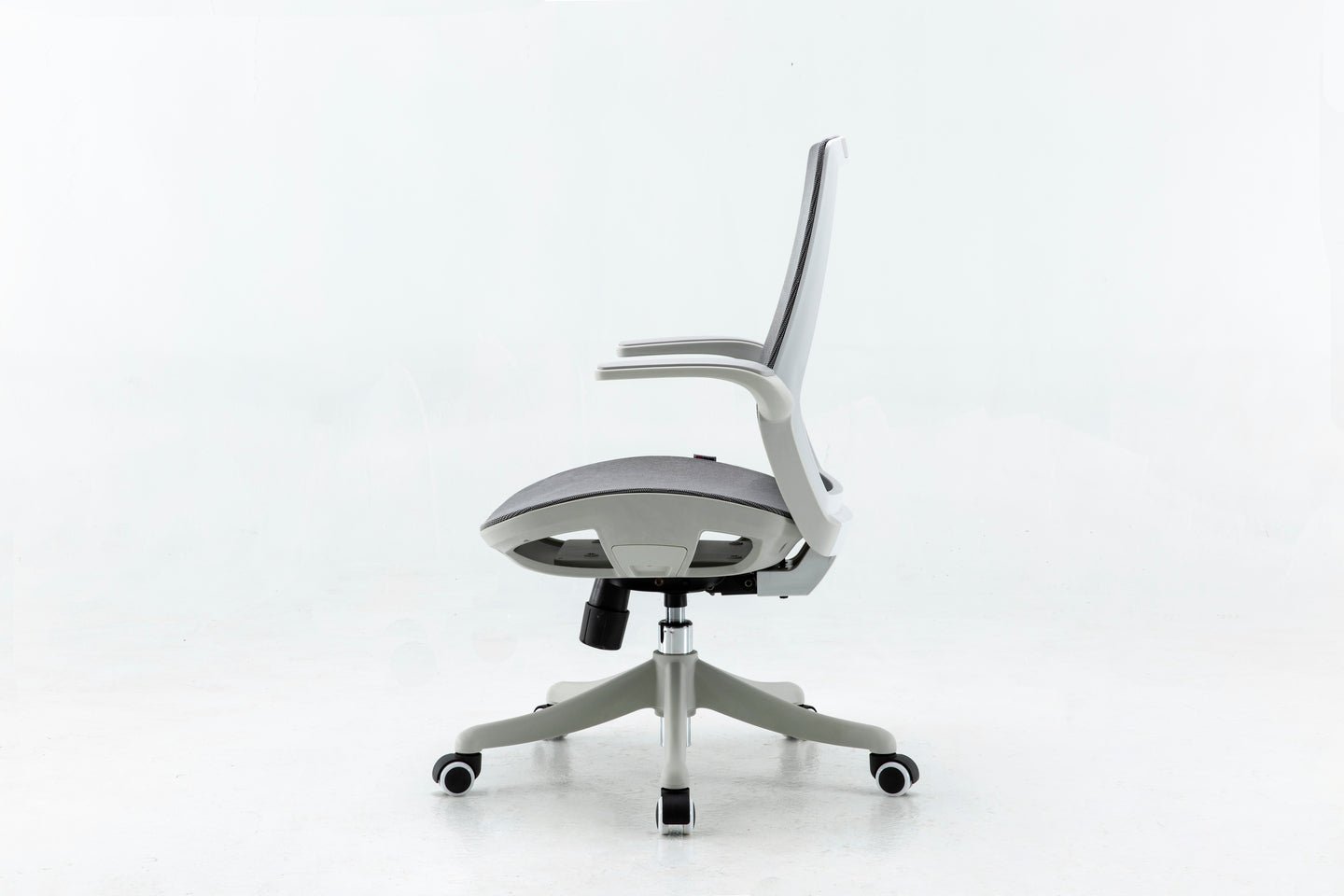 Left view of white Sihoo M59 ergonomic chair in Australia on a white background highlighting mesh back, seat and adjustable armrests